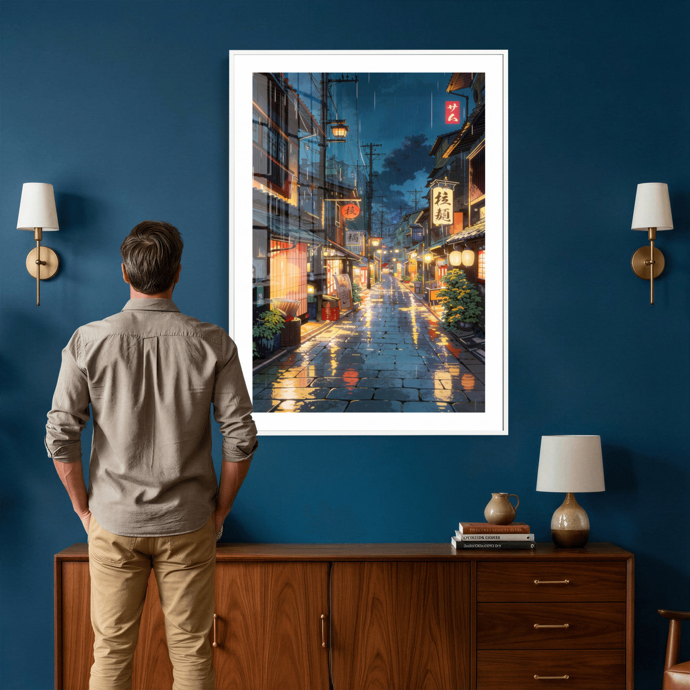4712069J1-MGV-CV-24X36 - Tokyo Tea House Canvas Wall Art — Japan Rainy Night Street Print | Anime Style Decor | Japanese Tea House Art | Tokyo City Gift
