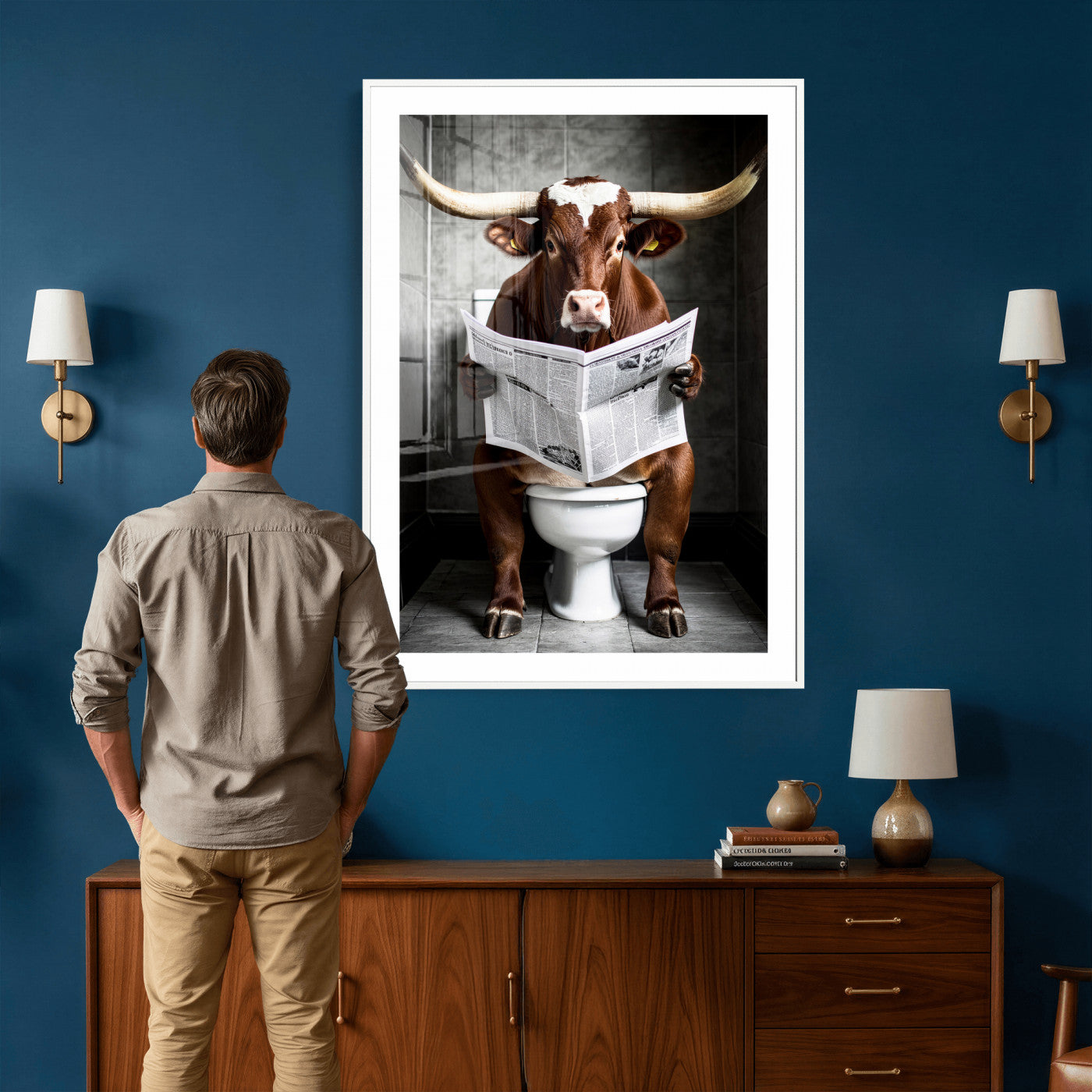 69808726-MGV-CV-24X36 - Texas Longhorn Cow Toilet Paper Canvas Wall Art, Funny Bathroom Black White Print, Cute Animal Humor Decor, Quirky Farmhouse Bathroom Art, Cow Lover Gift