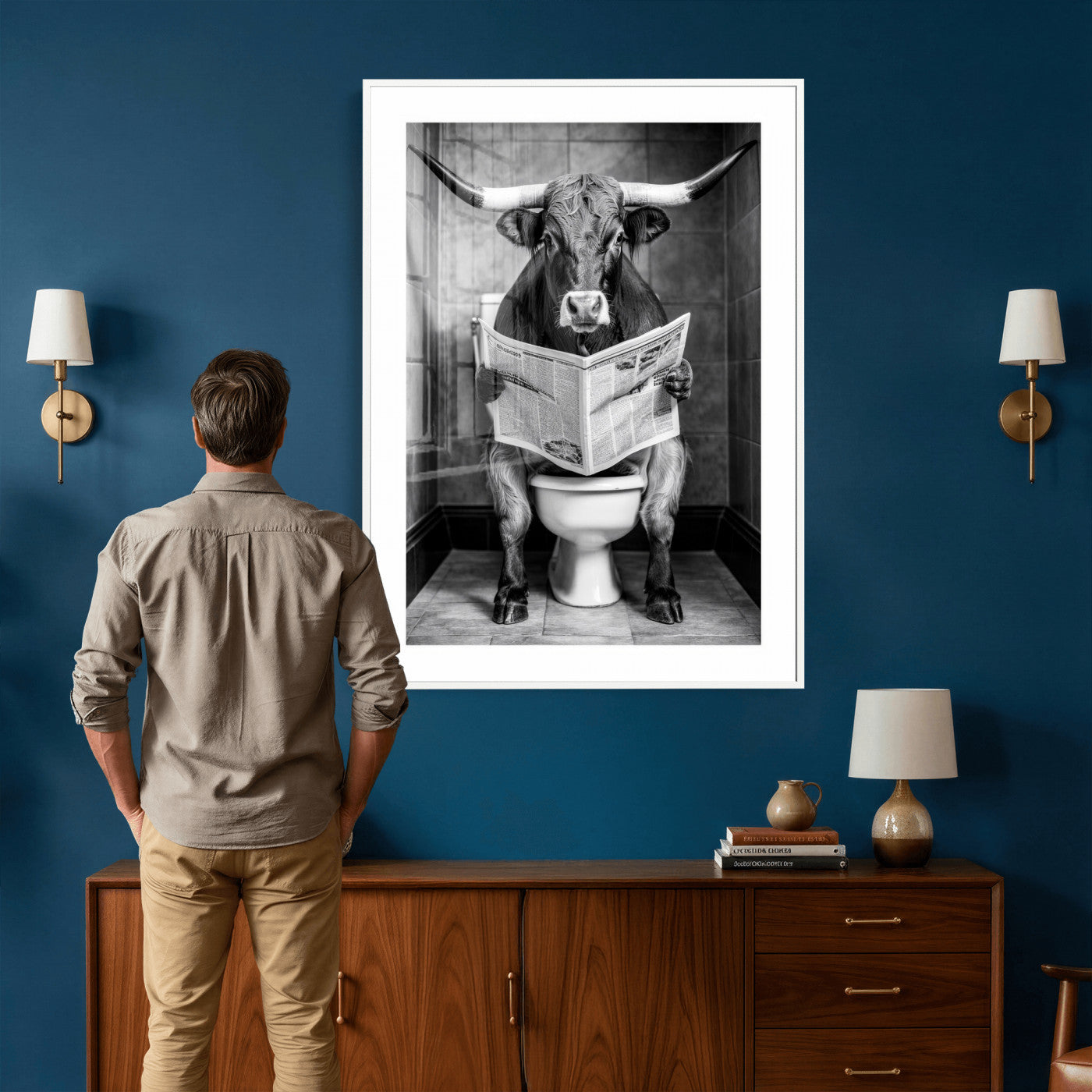77994492-MGV-CV-24X36 - Texas Longhorn Cow Toilet Paper Canvas Wall Art, Funny Bathroom Black White Print, Cute Animal Humor Decor, Quirky Farmhouse Bathroom Art, Cow Lover Gift