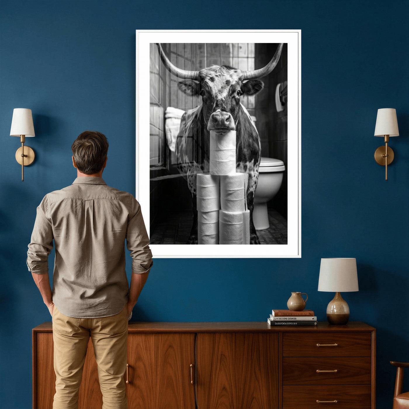 79259956-MGV-CV-24X36 - Texas Longhorn Cow Toilet Paper Canvas Wall Art, Funny Bathroom Black White Print, Cute Animal Humor Decor, Quirky Farmhouse Bathroom Art, Cow Lover Gift