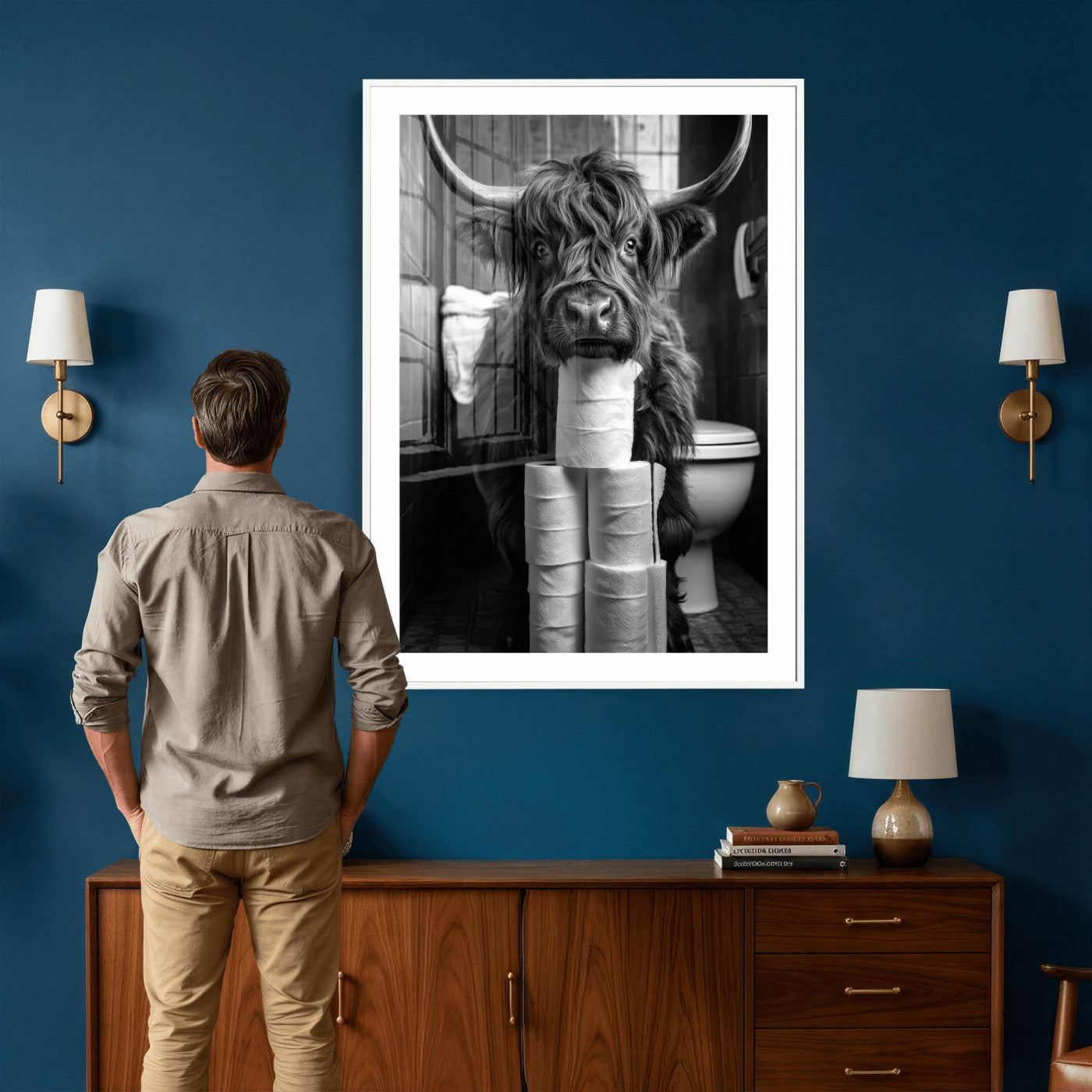 95909209-MGV-CV-24X36 - Highland Cow Toilet Paper Canvas Wall Art, Funny Bathroom Black White Print, Cute Animal Humor Decor, Quirky Farmhouse Bathroom Art, Cow Lover Gift