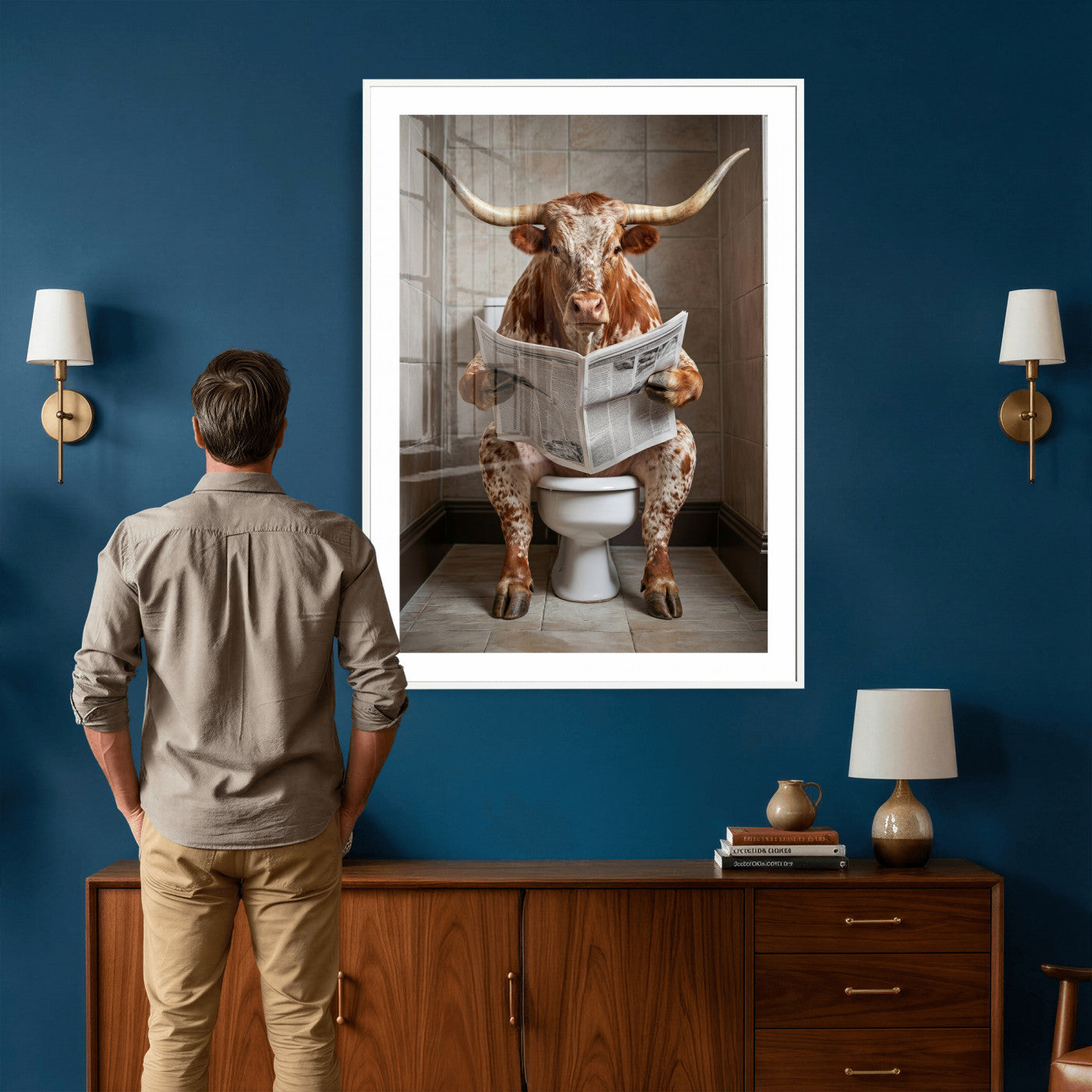 17728527-MGV-CV-24X36 - Funny Bathroom Canvas Wall Art, Texas Longhorn on Toilet Reading Newspaper, Humor Animal Print, Farmhouse Bathroom Decor, Quirky Cow Gift, Toilet Room Art
