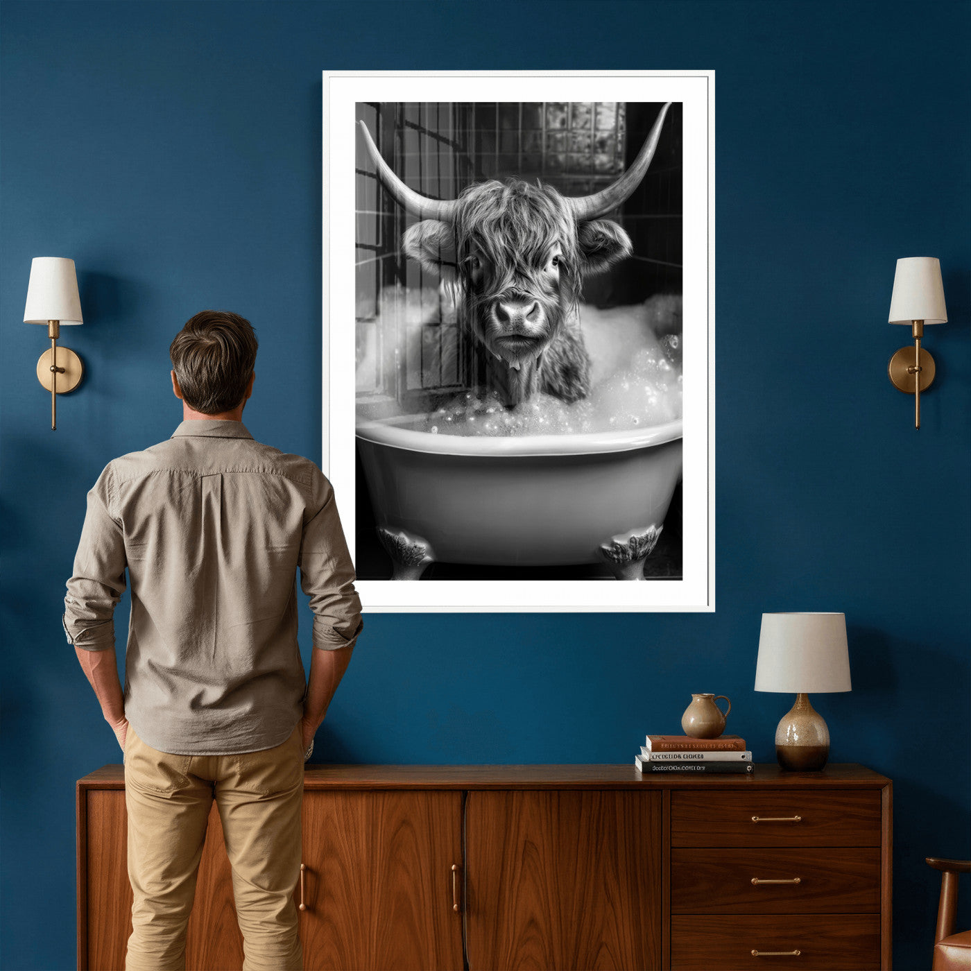 44020264-MGV-CV-24X36 - Highland Cow Bathtub Canvas Wall Art, Funny Bathroom Print Black White, Grumpy Cow Bubble Bath Decor, Animal Bathroom Art, Farmhouse Humor Print, Cute Cow Gift