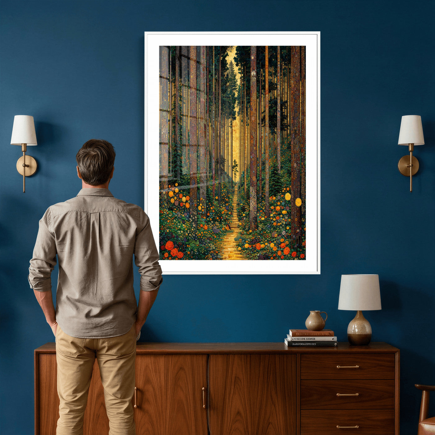 14391546-MGV-CV-24X36 - Gustav Klimt Style Forest Canvas Wall Art, Golden Forest Path Floral Art Nouveau Print, Enchanted Woodland Decor, Maximalist Colorful Nature Art