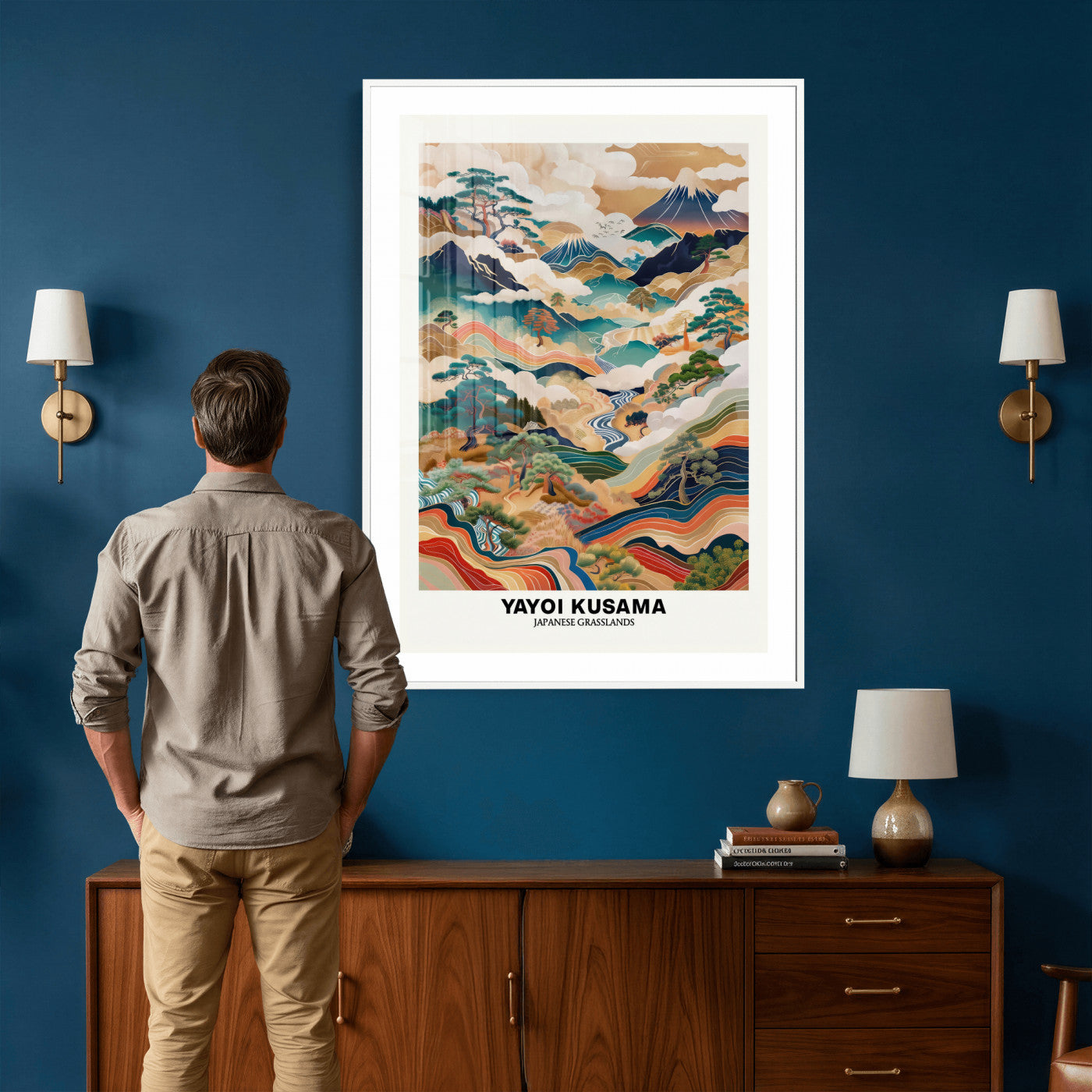 71553303-MGV-CV-24X36 - Yayoi Kusama Japanese Landscape Wall Art Canvas Print, Colorful Mountain and River Framed Artwork, Nature Inspired Asian Scenic Decor for Living Room Bedroom Office