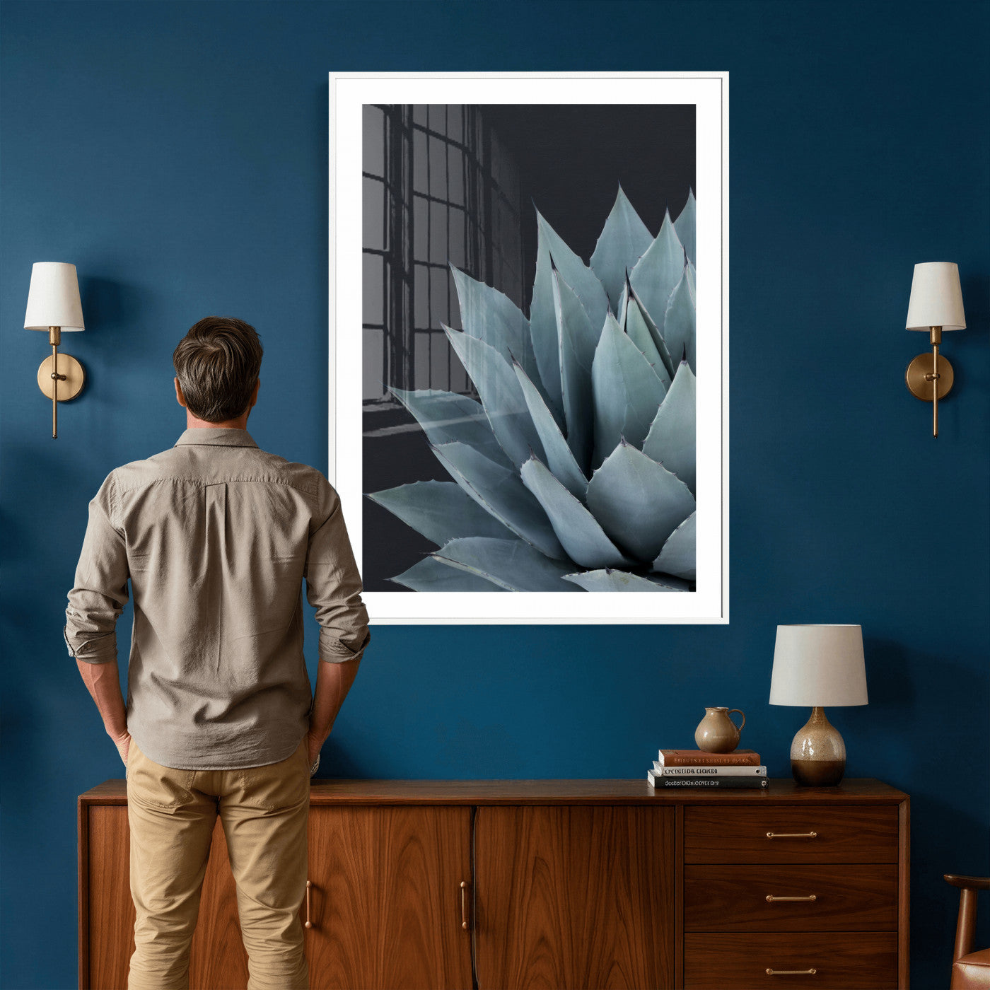 59803798-MGV-CV-24X36 - Agave Wall Art Canvas Print, Blue Green Succulent Botanical Framed Artwork, Minimalist Desert Plant Decor for Living Room Bedroom Office Bathroom