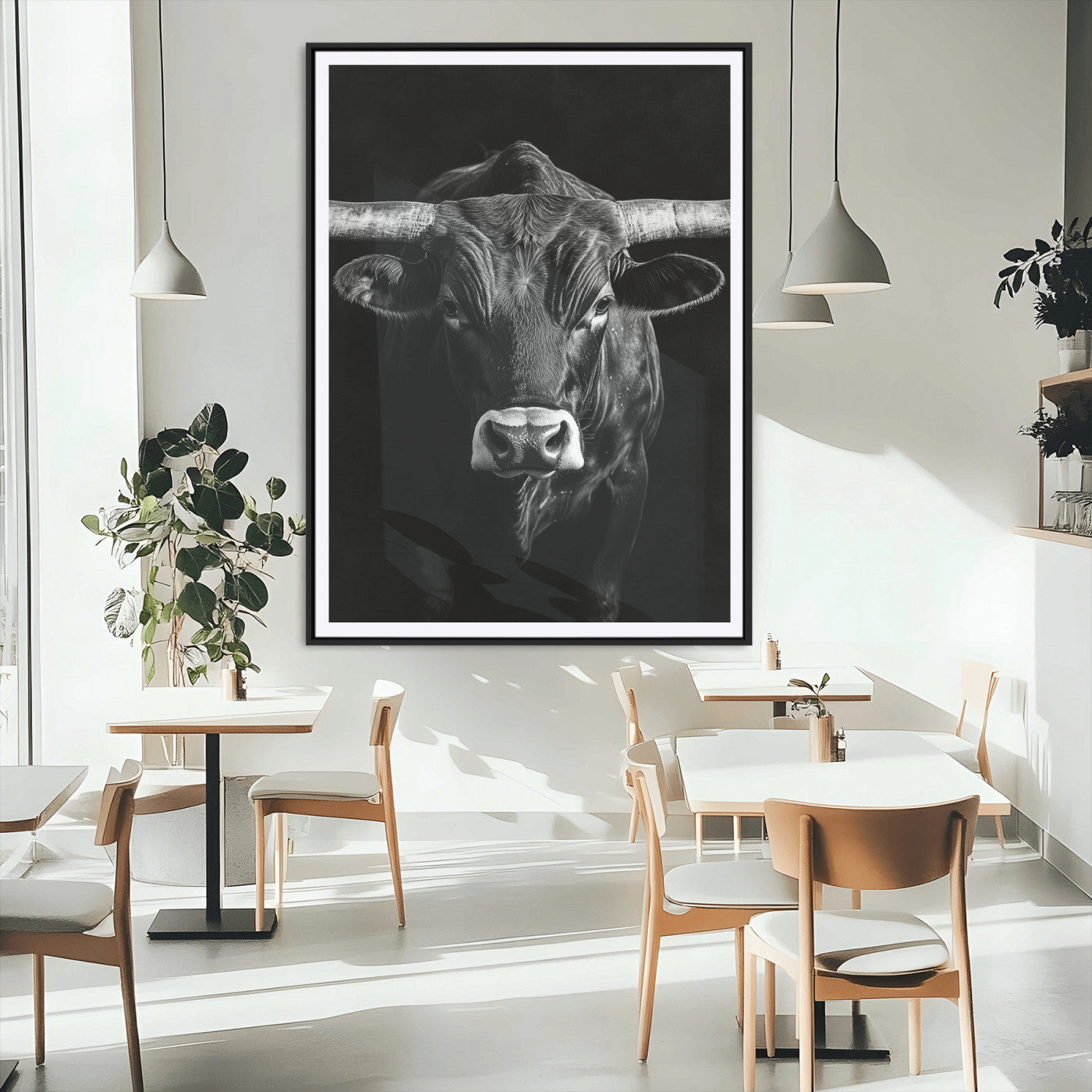 MGC-FP-24x36 - Texas Longhorn Wall Art Canvas Print, Framed Monochrome Bull Art Picture Print, Horned Bull Perfect Minimalist Western Decor Artwork