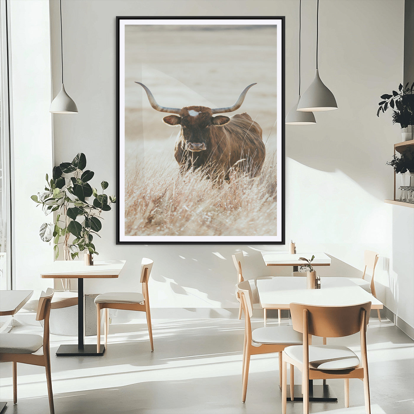 MGC-FP-24x36 - Texas Longhorn Wall Art Canvas Print, Framed Brown Cattle Art Picture Print, Horned Bull Perfect Rustic Western Decor Artwork