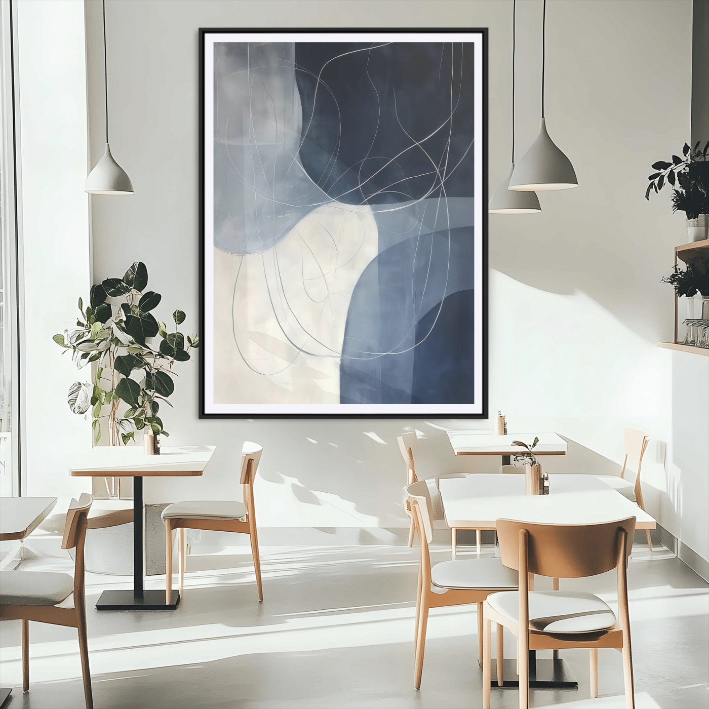 MGC-FP-24x36 - Navy Abstract Wall Art Canvas Print, Framed Minimal Lineart Art Picture Print, Abstract Shapes Perfect Minimalist Abstract Decor Artwork