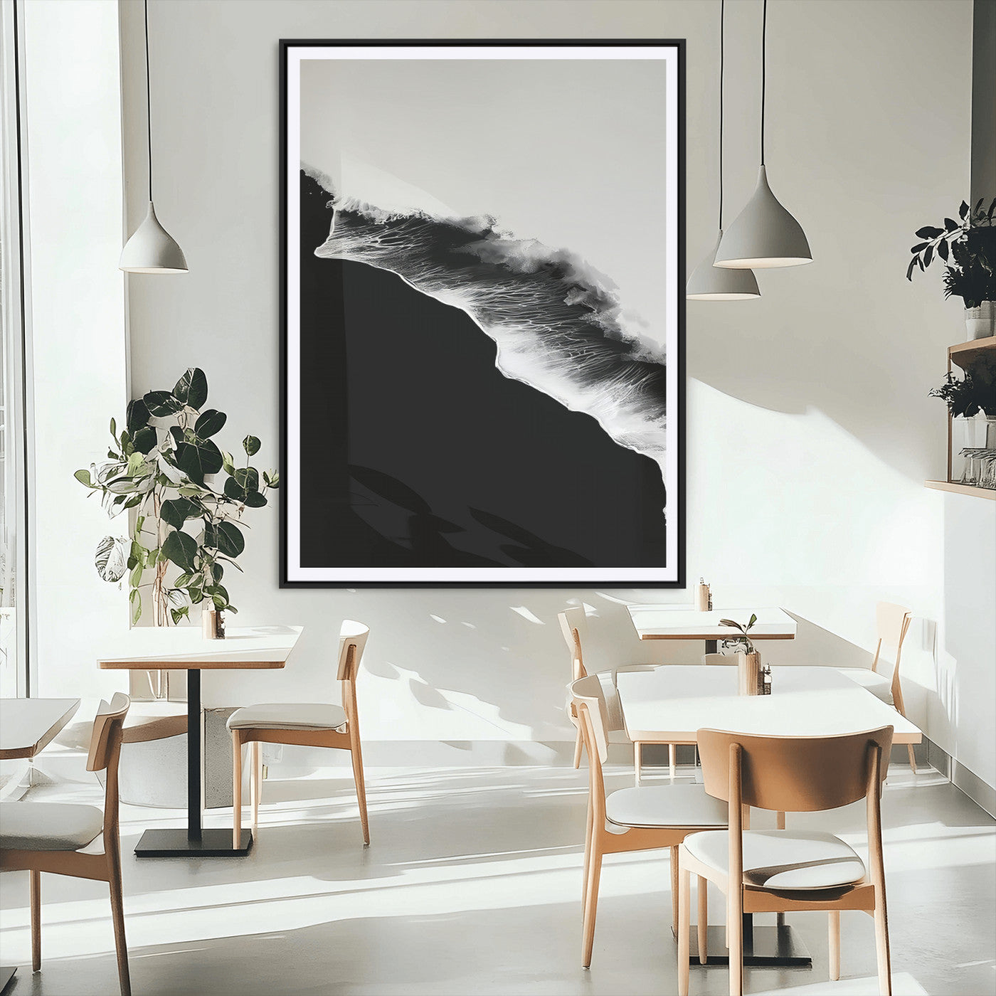 MGC-FP-24x36 - Ocean Wave Wall Art Canvas Print, Framed Abstract Wave Art Picture Print, Monochrome Sea Perfect Modern Minimal Decor Artwork