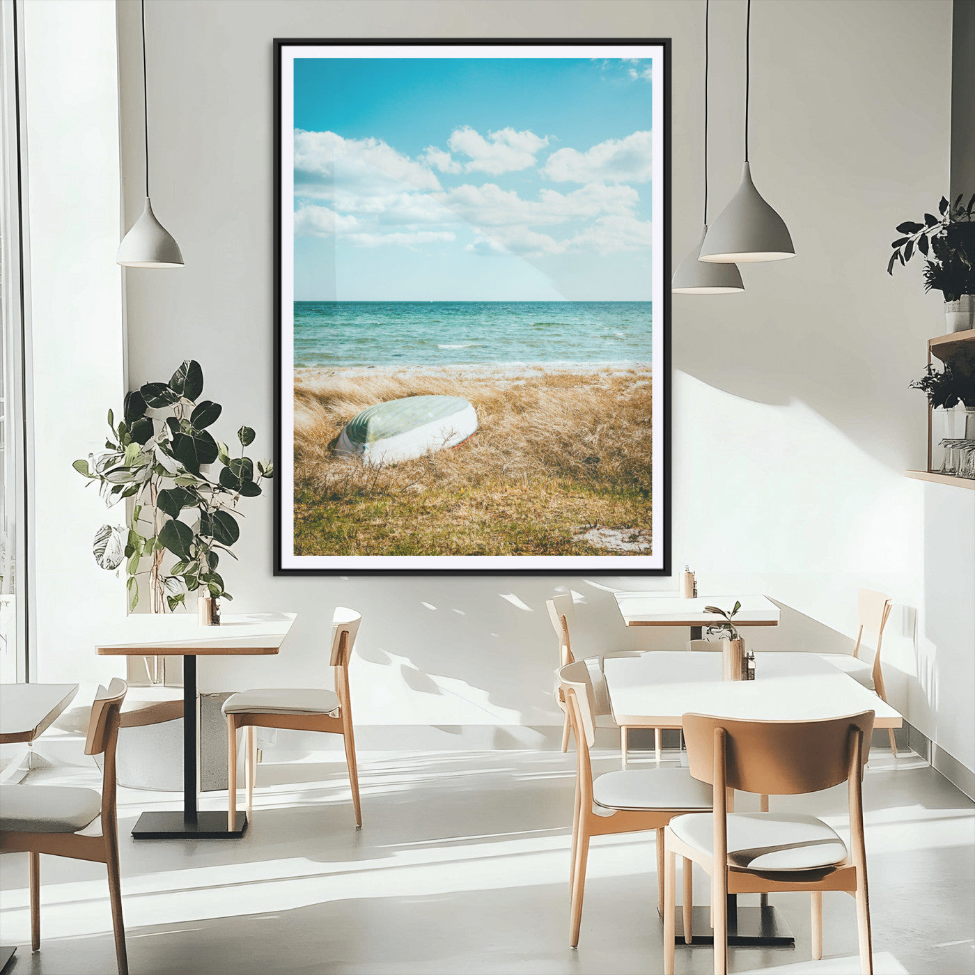 MGC-FP-24x36 - Coastal Serenity Wall Art Canvas Print, Framed Ocean View Art Picture Print, Rustic Boat Perfect Nautical Coastal Decor Artwork