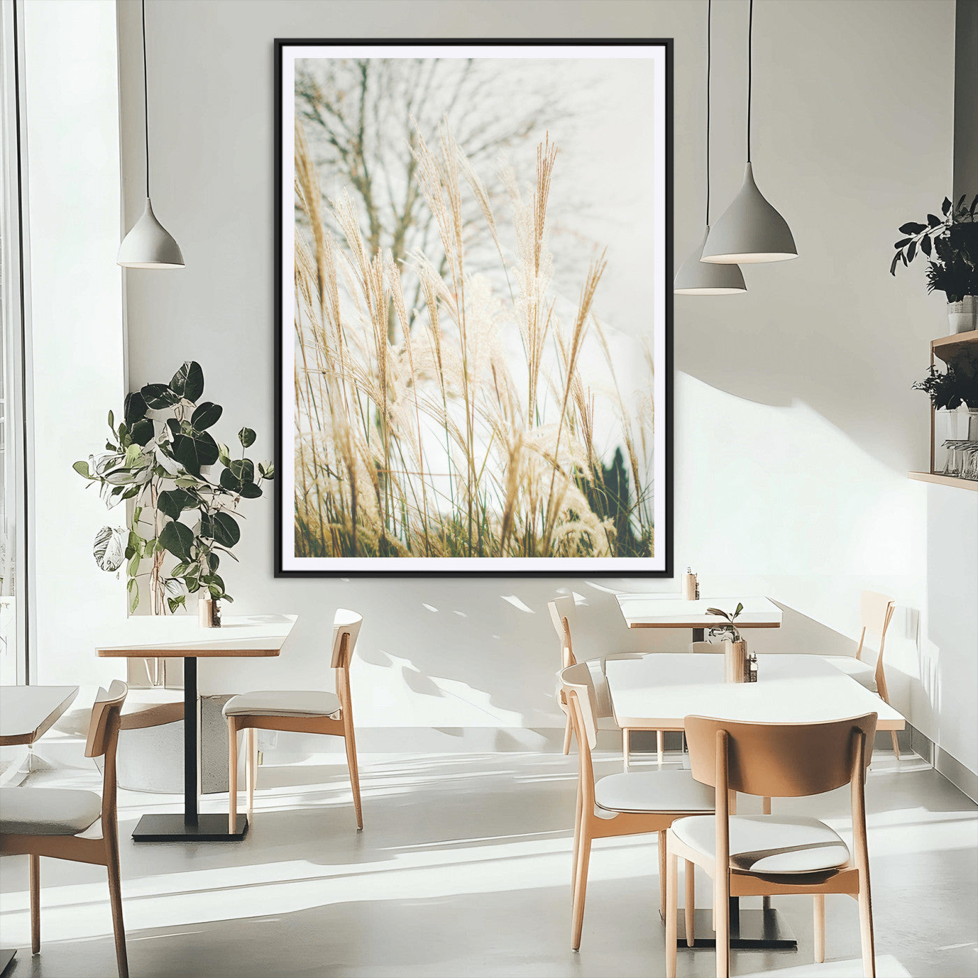 MGC-FP-24x36 - Pampas Grass Wall Art Canvas Print, Framed Neutral Tones Art Picture Print, Minimalist Nature Perfect Boho Minimalist Decor Artwork