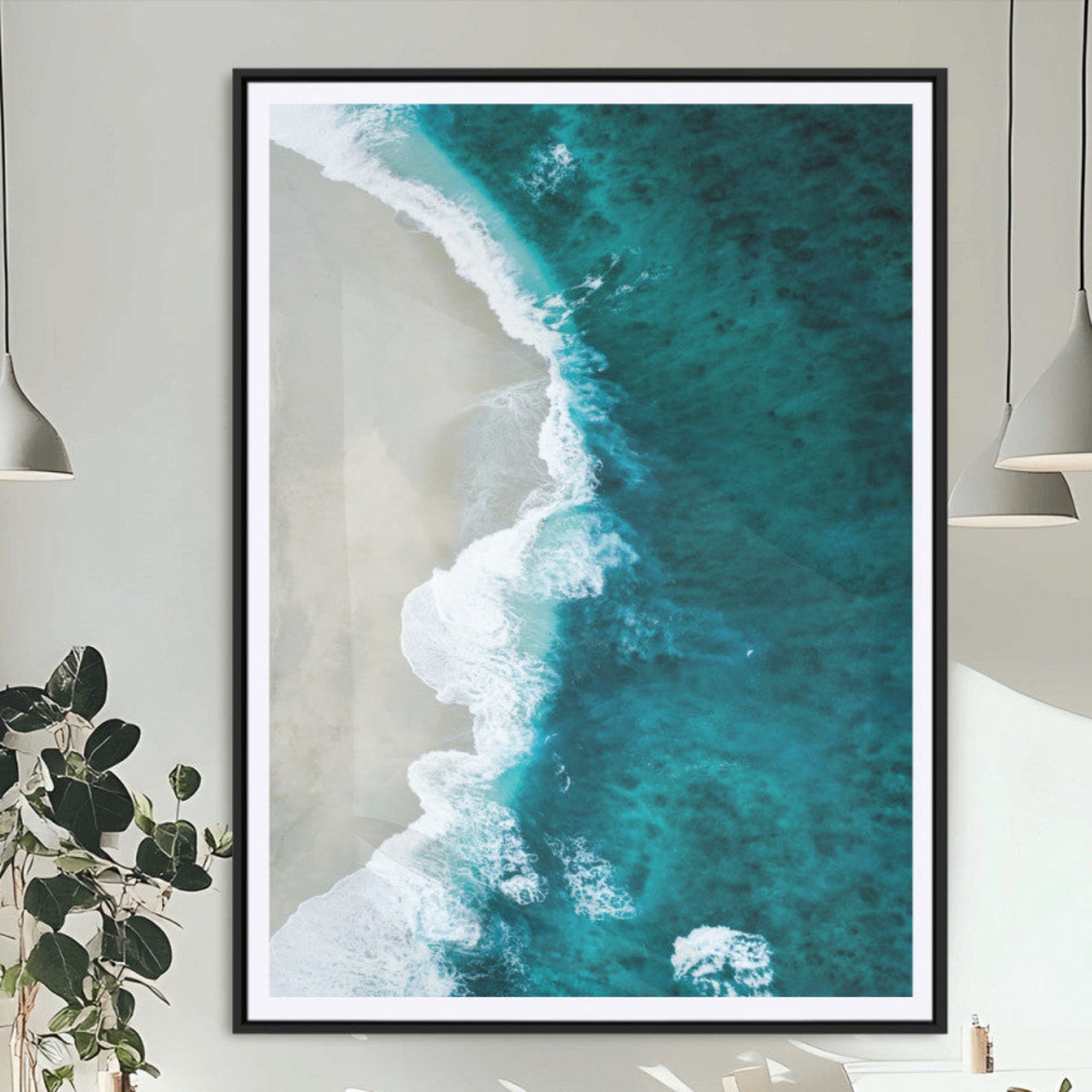 30011717-MGC-FP-24x36_Black-Aerial Ocean View Wall Art Canvas Print – Framed Coastal Serenity Turquoise Waves Artwork for Home Office