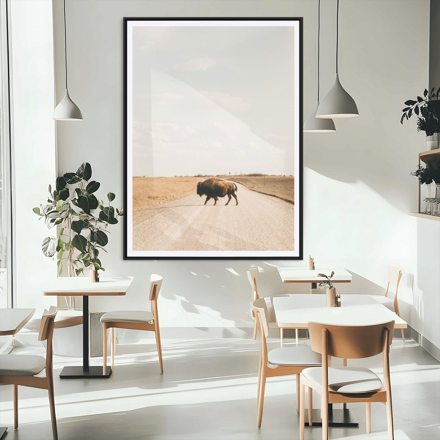 MGC-FP-24x36 - Bison Crossing Wall Art Canvas Print, Framed Western Landscape Art Picture Print, Prairie Road Perfect Modern Ranch Decor Decor Artwork