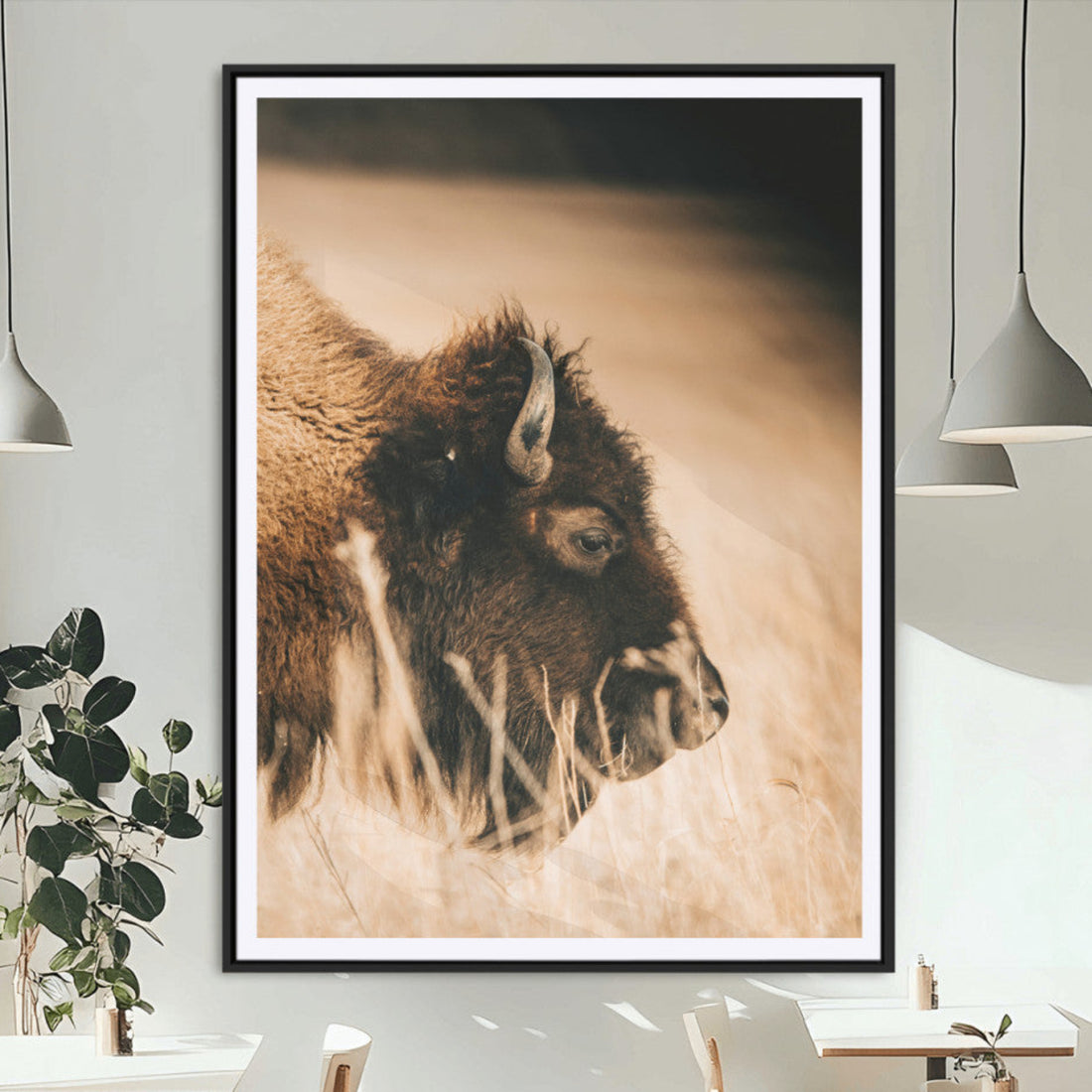 Bison Portrait Wall Art Canvas Print, Framed Western Landscape Art, Prairie Serenity Modern Ranch Decor