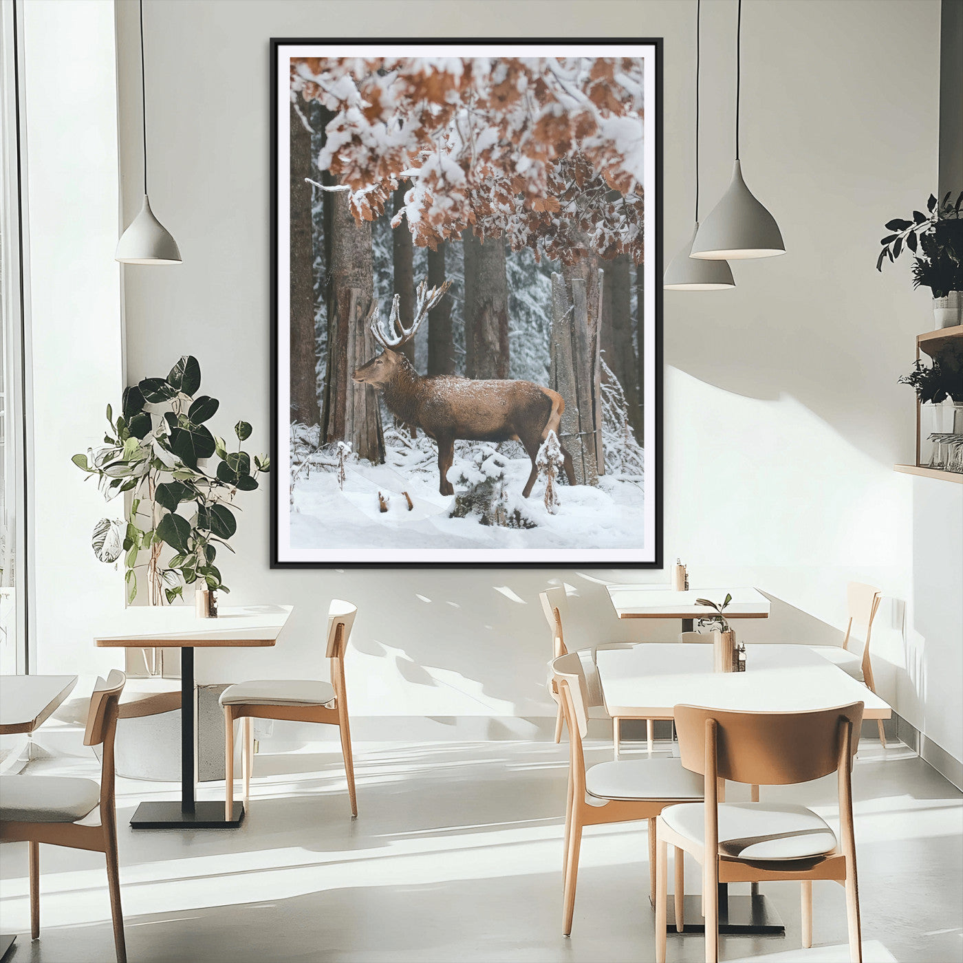 MGC-FP-24x36 - Serene Landscape Wall Art Canvas Print, Framed Winter Wonderland Art Picture Print, Winter Deer Perfect Cabin Decor Artwork