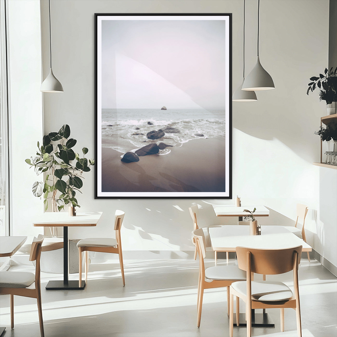 MGC-FP-24x36 - Moody Seascape Wall Art Canvas Print, Framed Neutral Beach Art Picture Print, Foggy Ocean Perfect Minimalist Decor Artwork