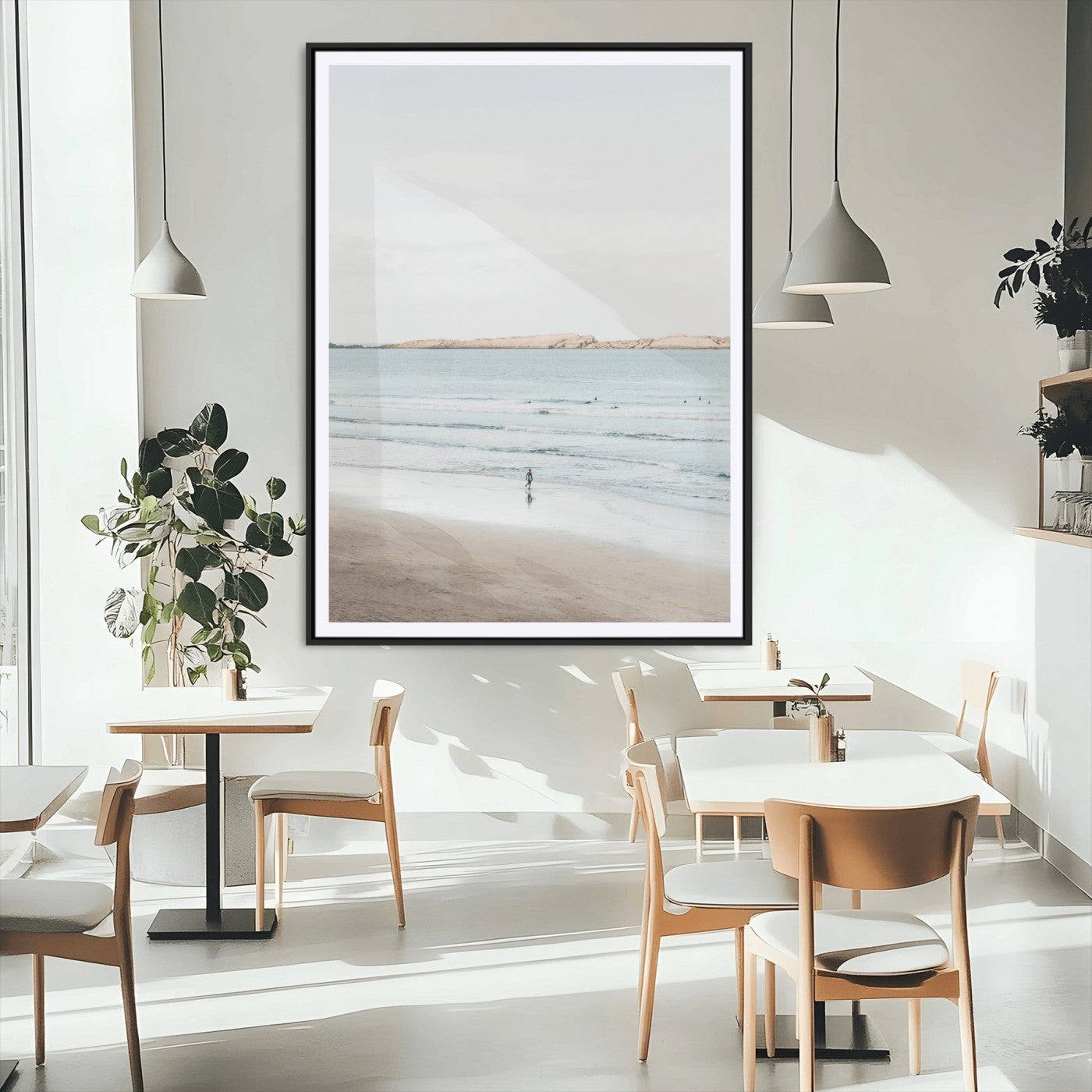 MGC-FP-24x36 - Minimalist Beach Wall Art Canvas Print, Framed Soft Blue Tones Art Picture Print, Tranquil Ocean Perfect Coastal Minimalist Decor Artwork