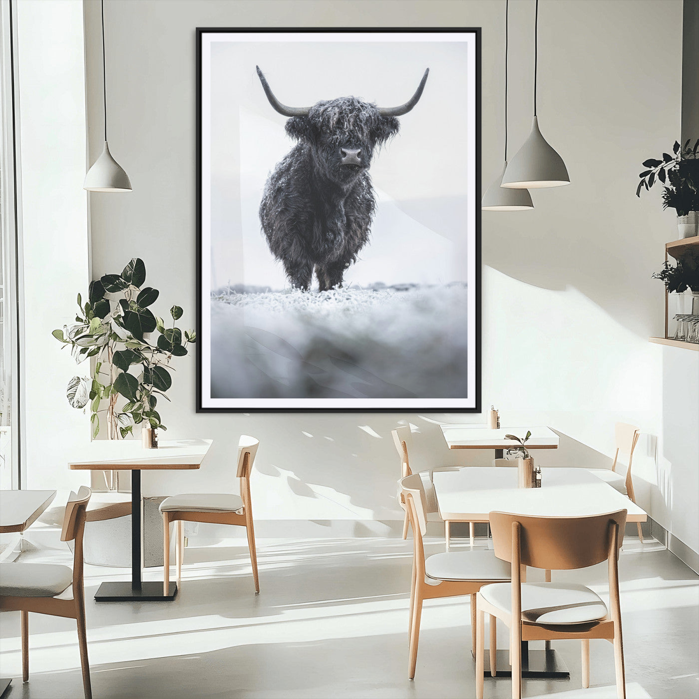 MGC-FP-24x36 - Frosty Black Highland Wall Art Canvas Print, Framed Moody Winter Aesthetic Art Picture Print, Scottish Highlands Perfect Modern Rustic Decor Artwork