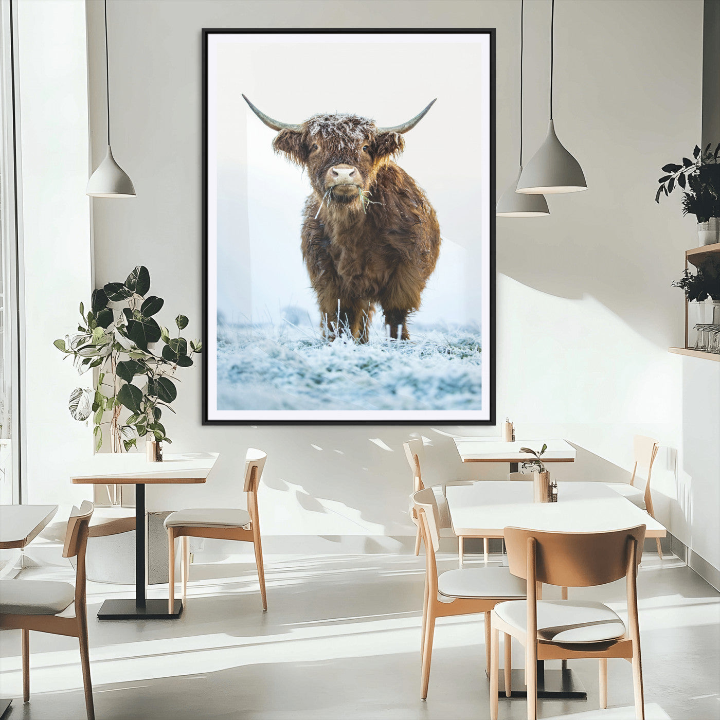 MGC-FP-24x36 - Highland Cow Wall Art Canvas Print, Framed Frosty Grass Art Picture Print, Winter Scene Perfect Rustic Farmhouse Decor Artwork