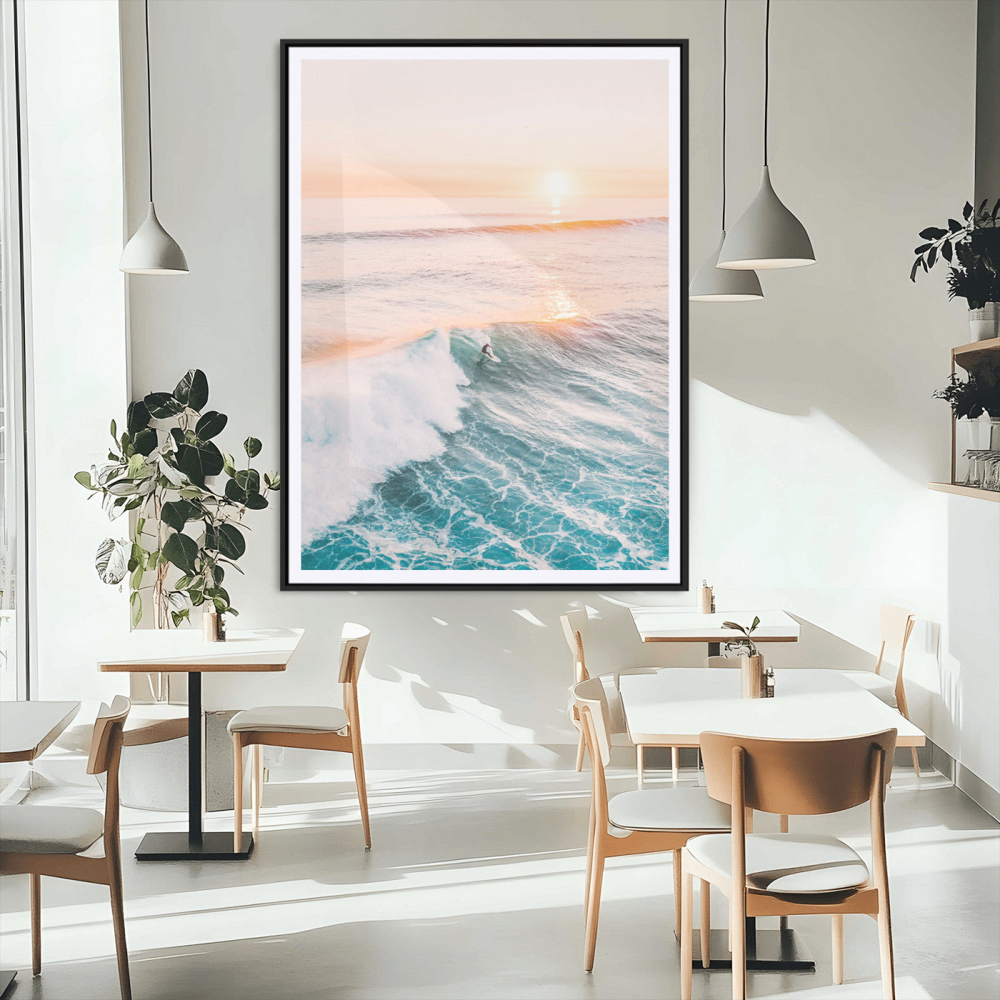 MGC-FP-24x36 - Sunset Surfing Canvas Wall Art – Framed Ocean Wave Surf Scene, Large Coastal Canvas for Beach House,