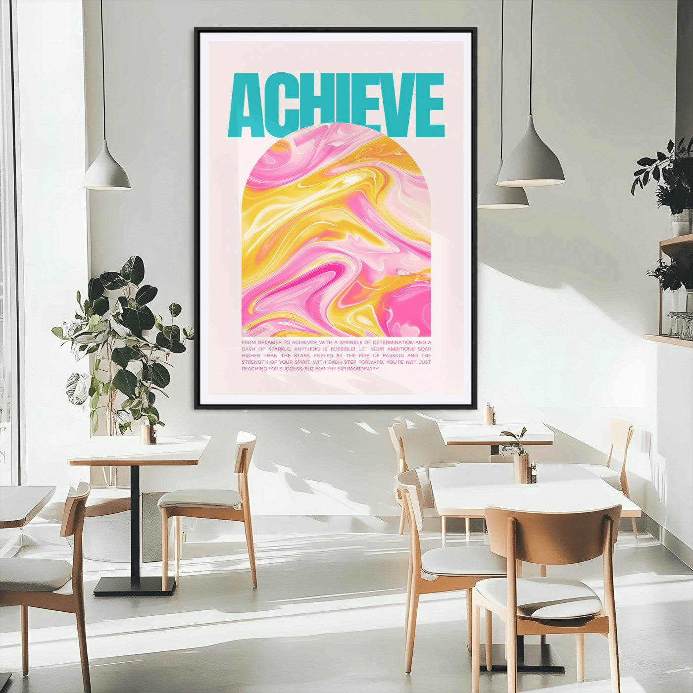 MGC-FP-24x36 - Achieve Motivational Poster Canvas Wall Art – Inspirational Abstract Pink & Yellow Swirls, Positive Quote Decor for Office, Home