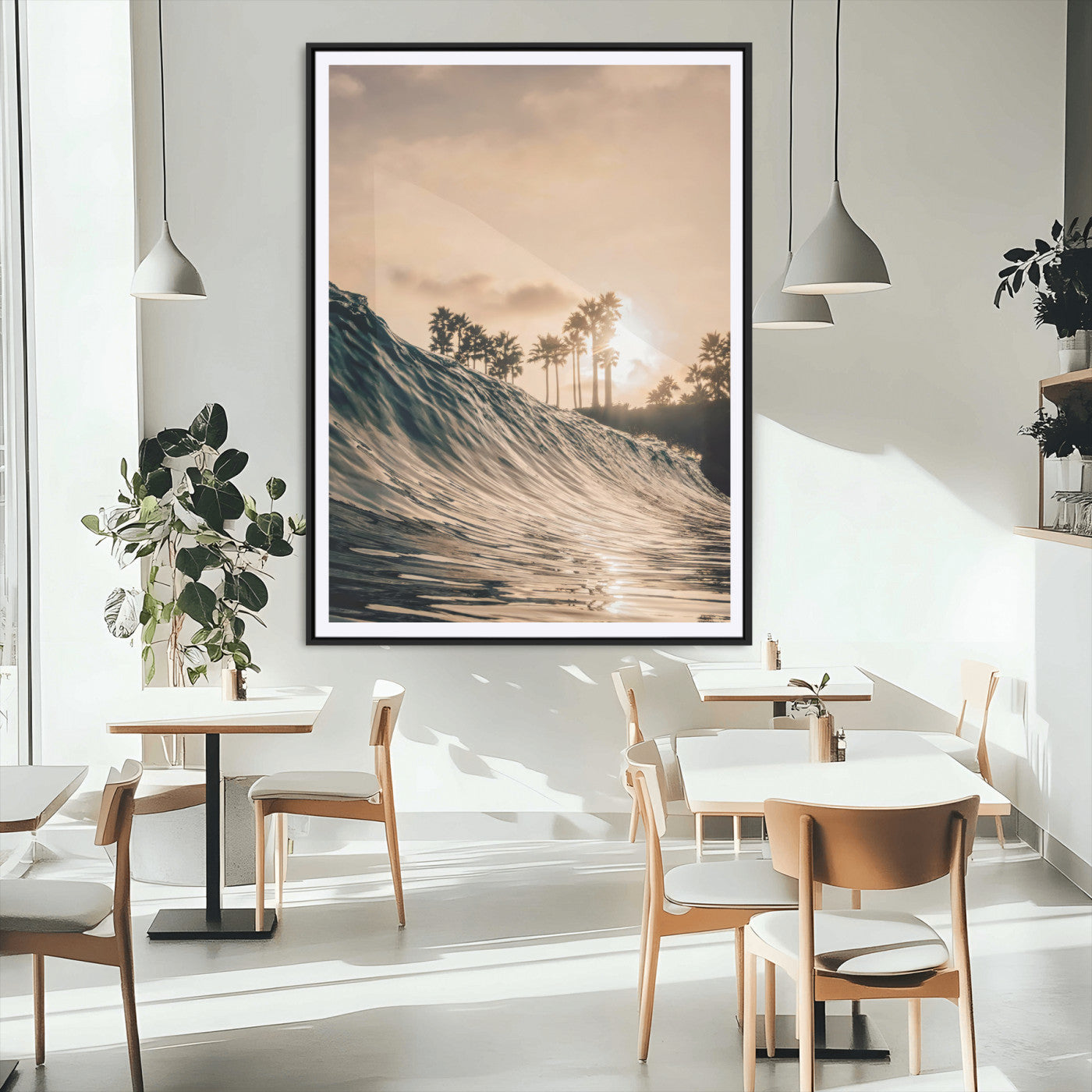 MGC-FP-24x36 - Sunset Wave Ocean Canvas Wall Art – Coastal Palm Trees, Surfing Beach Landscape, Large Tropical