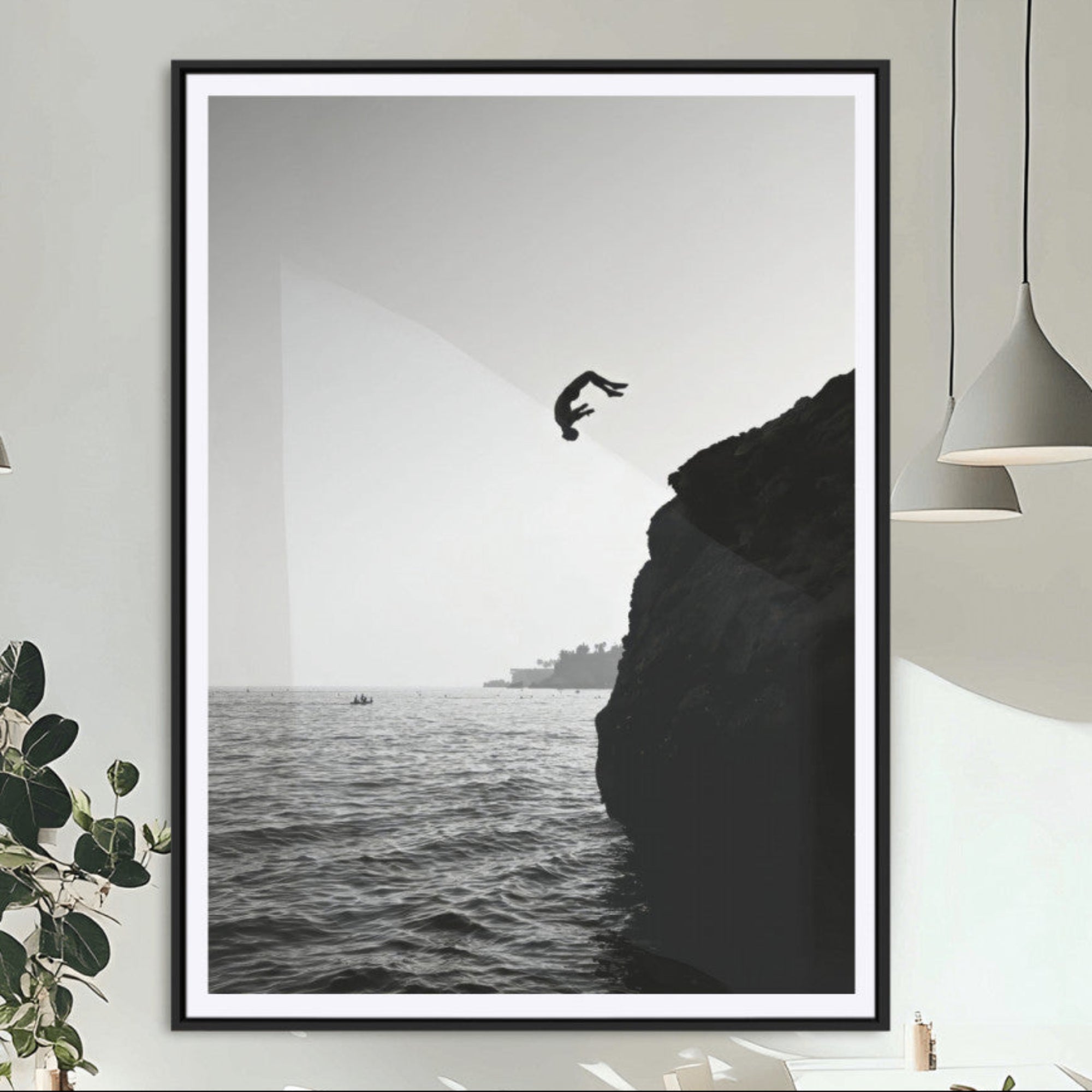 MGC-FP-24x36 - Silhouette Cliff Diver Canvas Wall Art – Black and White Ocean Jump, Monochrome Adventure Decor,
