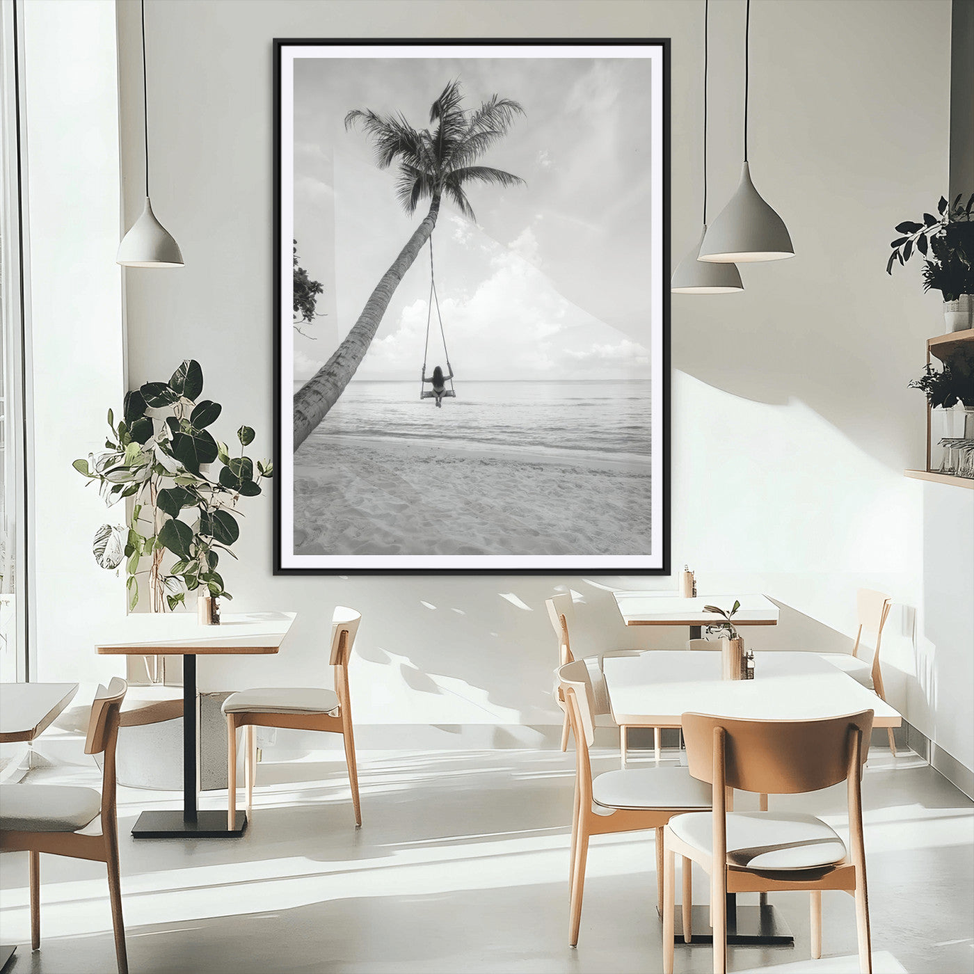 MGC-FP-24x36 - Black and White Palm Tree Swing Canvas Wall Art – Serene Ocean View, Monochrome Tropical Decor,