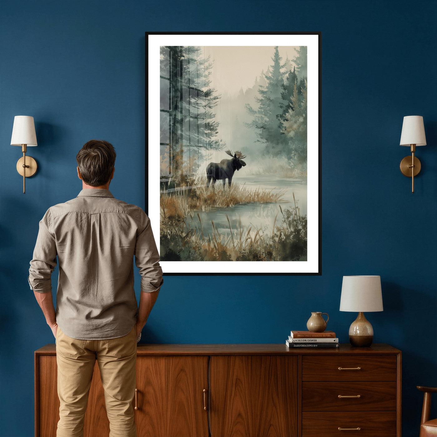 78345154-MGV-CV-24X36 - Watercolor Abstract Moose Forest Wall Art Canvas Print – Wildlife Nature Artwork Print for Living Room, Cabin, and Office Decor
