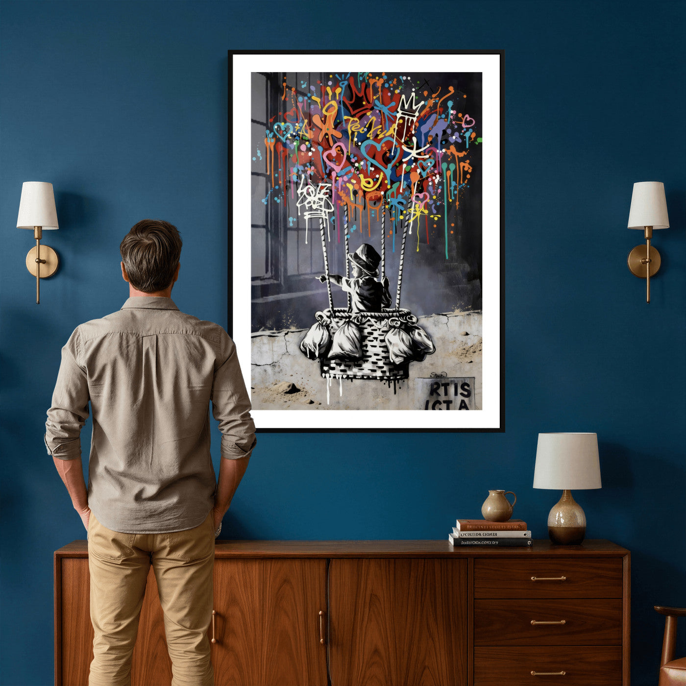56325542-MGV-CV-24X36 - Banksy Inspired Boy Swing Wall Art Canvas Print, Graffiti Balloon Hearts Street Art, Colorful Urban Mural Artwork for Modern Living Room Decor