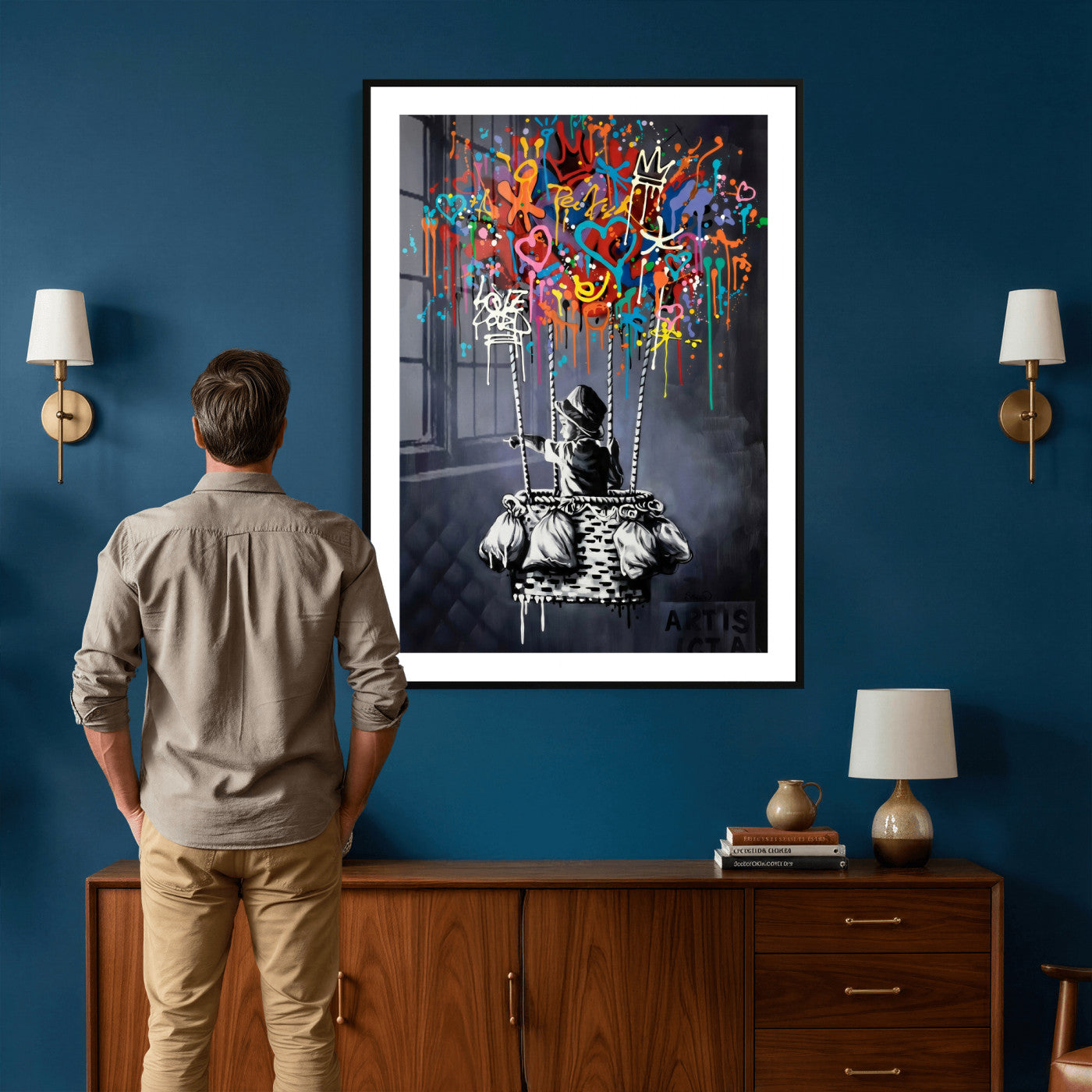 87352999-MGV-CV-24X36 - Banksy Inspired Boy Swing Wall Art Canvas Print, Graffiti Balloon Hearts Street Art, Colorful Urban Mural Artwork for Modern Living Room Decor