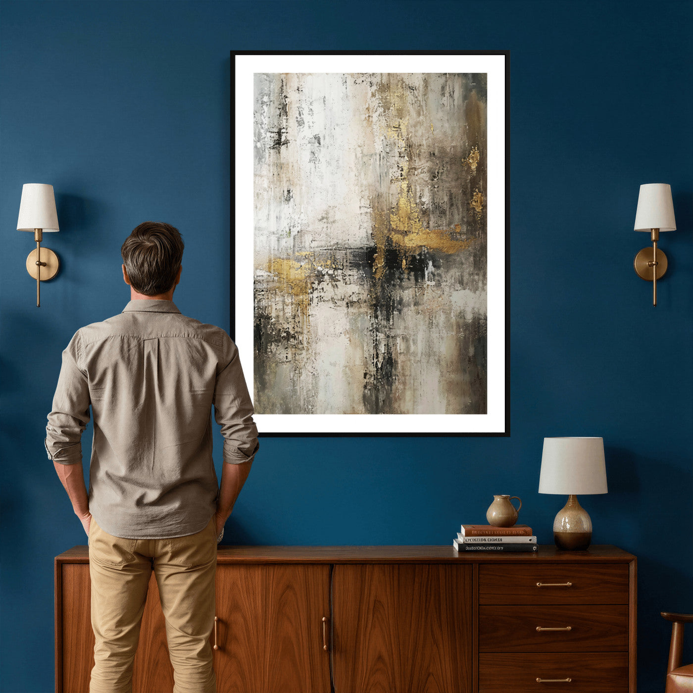 381262454-MGV-CV-24X36 - Framed Abstract Wall Art Canvas Print, Gold Black Modern Architecture Canvas Print, Contemporary Moody City Artwork for Living Room Decor