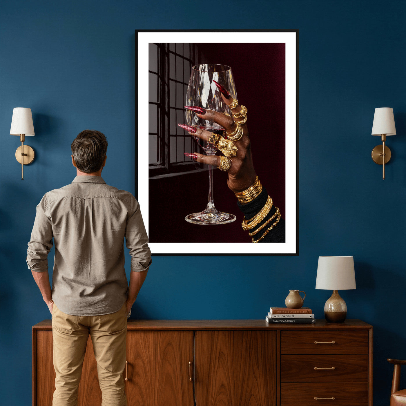 8151788Y6-MGV-CV-24X36 - Black Woman Holding Elegant Wine Glass Art, Black Girl Art, Black Woman Art, Trendy Black Girl Wall Art
