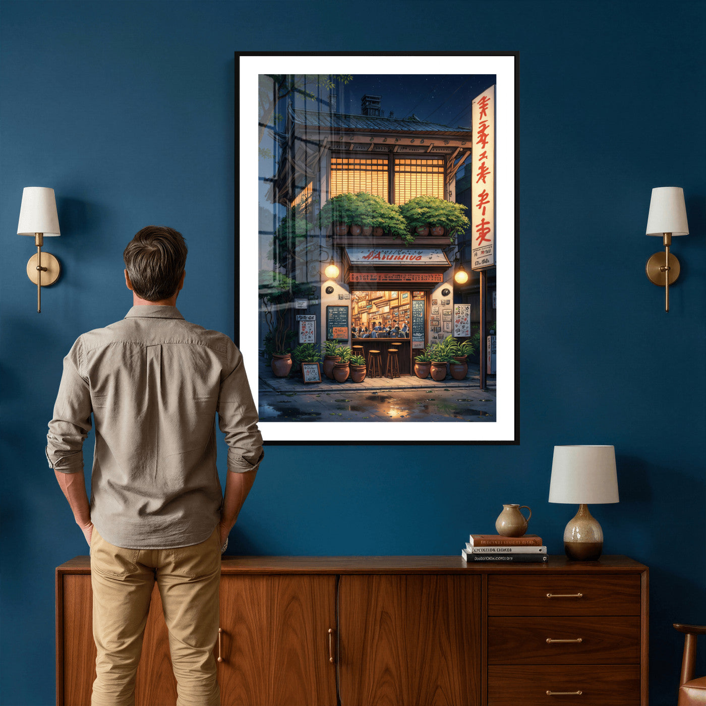 4712069TE1-MGV-CV-24X36 - Evening at the Ramen Shop Canvas Wall Art — Japan Night Anime Print | Japanese Restaurant Decor | Lofi Wall Art | Ramen Lover Gift