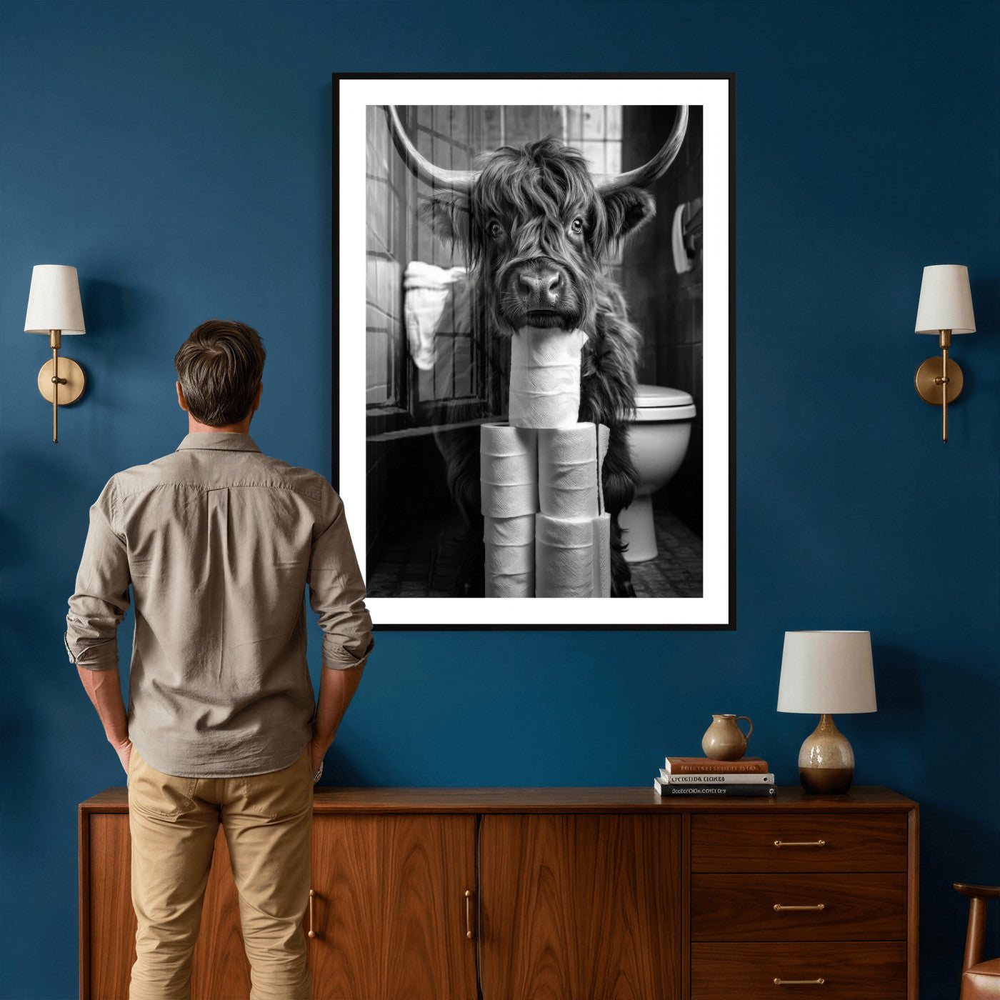 95909209-MGV-CV-24X36 - Highland Cow Toilet Paper Canvas Wall Art, Funny Bathroom Black White Print, Cute Animal Humor Decor, Quirky Farmhouse Bathroom Art, Cow Lover Gift