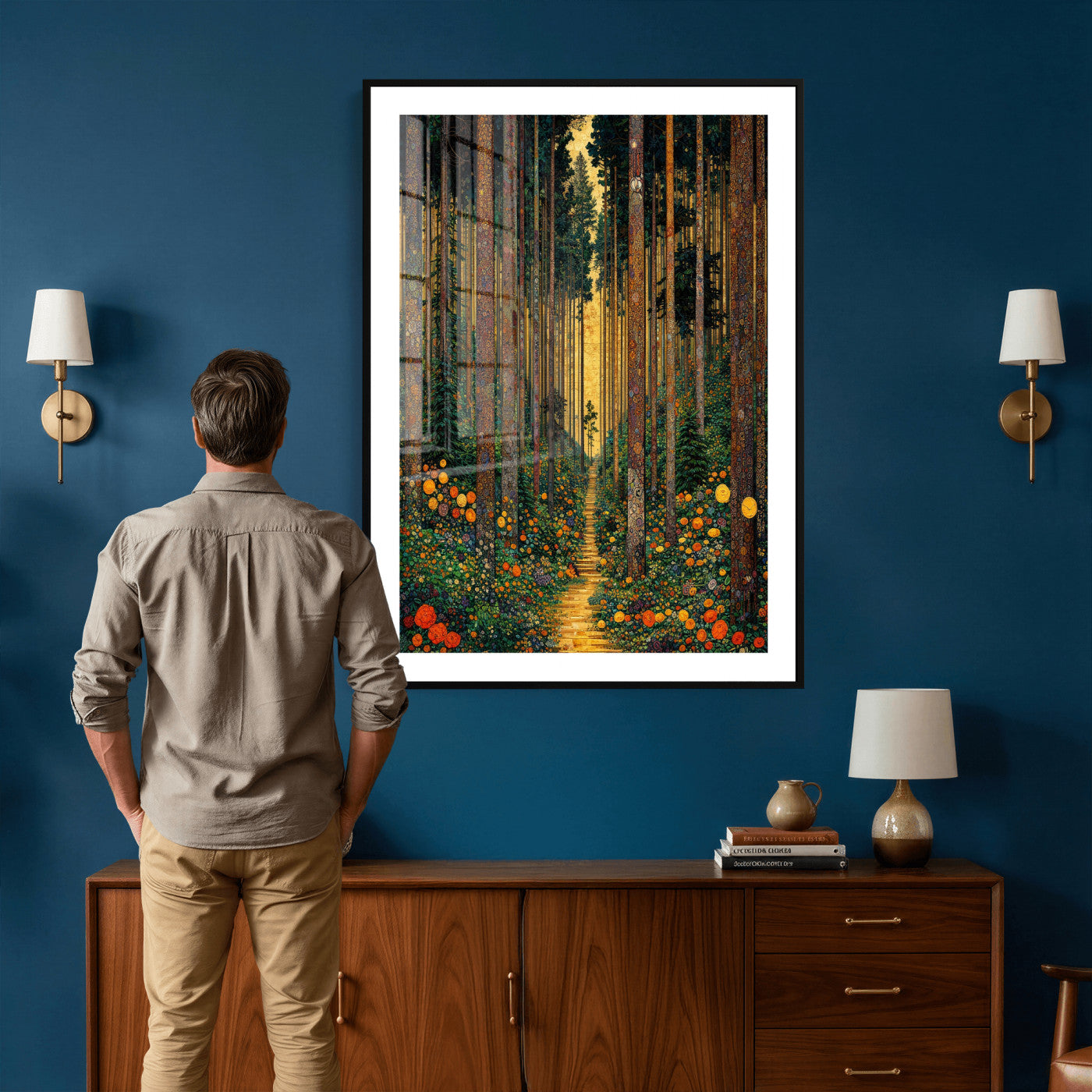 14391546-MGV-CV-24X36 - Gustav Klimt Style Forest Canvas Wall Art, Golden Forest Path Floral Art Nouveau Print, Enchanted Woodland Decor, Maximalist Colorful Nature Art