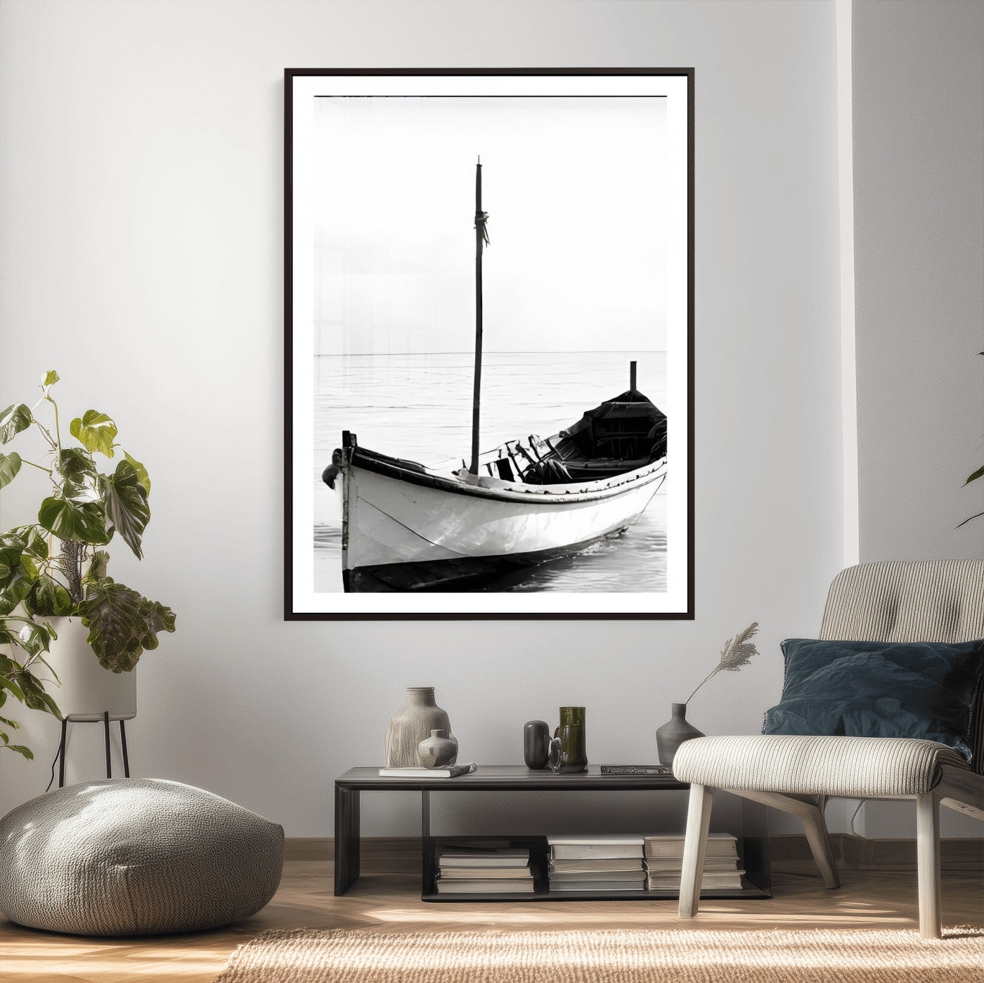 13080776-MGV-CV-24X36 - Minimal Boat Wall Art Canvas Print – Black and White Coastal Photography Artwork Print for Living Room, Bedroom, and Office Decor