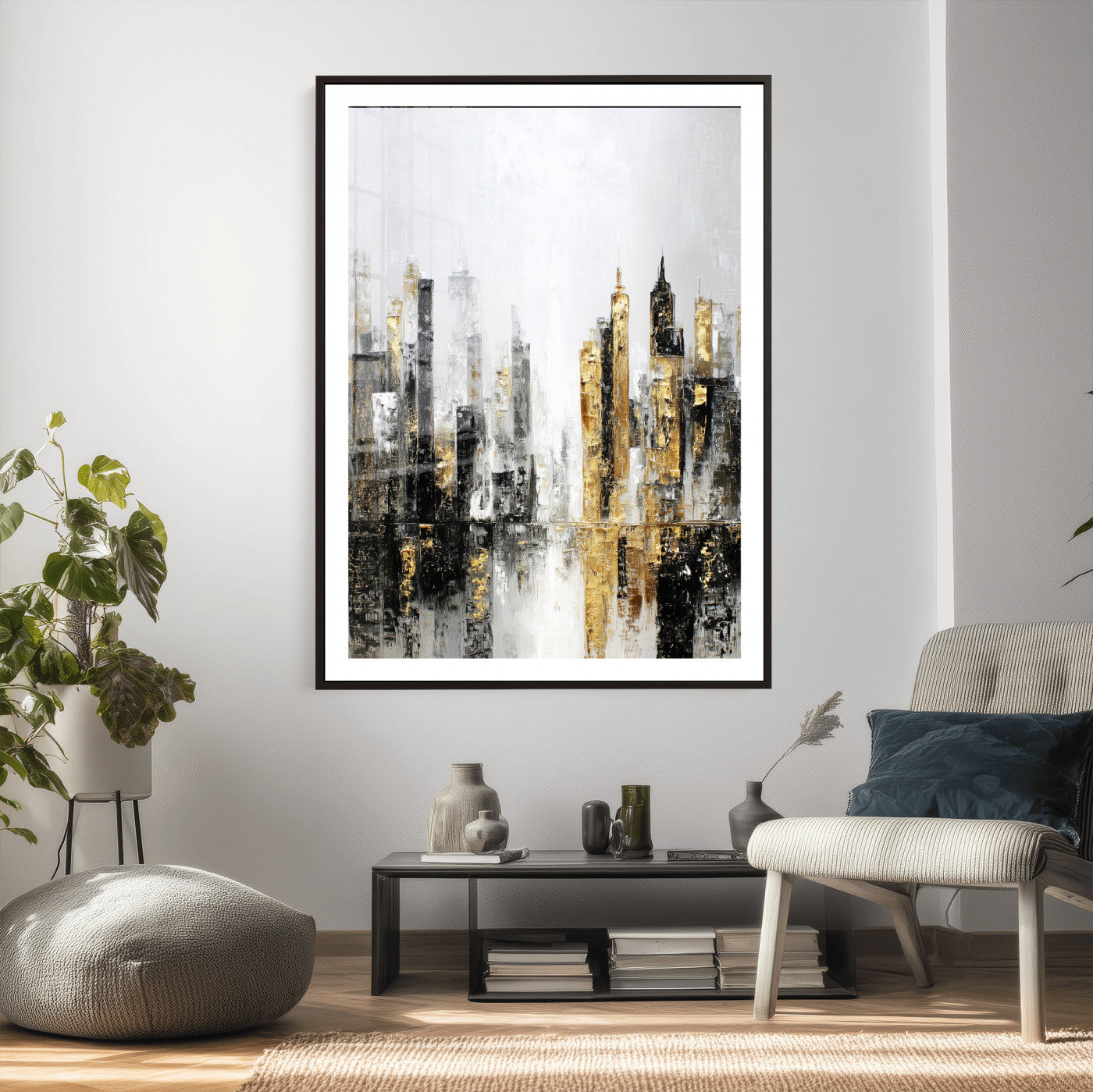 38126217-MGV-CV-24X36 - Abstract Urban Reflection Wall Art Canvas Print, Gold Black Modern Architecture Canvas Print, Contemporary Moody City Artwork for Living Room Decor