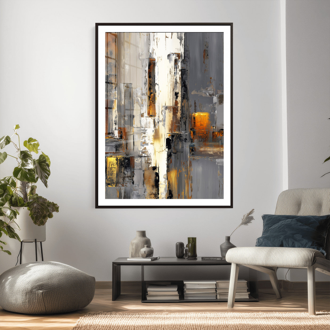 35992080-MGV-CV-24X36 - Abstract Urban Reflection Wall Art Canvas Print, Gold Black Modern Architecture Canvas Print, Contemporary Moody City Artwork for Living Room Decor