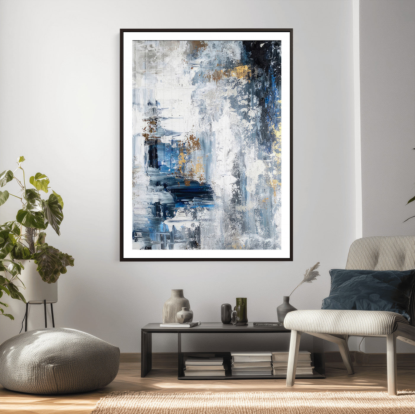 3962948988-MGV-CV-24X36 - Blue Abstract Wall Art Canvas Print, Gold Black Modern Architecture Canvas Print, Contemporary Moody City Artwork for Living Room Decor