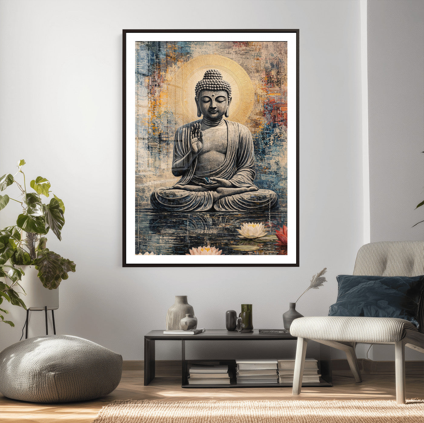 3812625445543-MGV-CV-24X36 - Serene Buddha with Lotus Flowers | Tranquil Meditation Art | Zen Wall Decor for Mindful Living Spaces | Spiritual Canvas Print