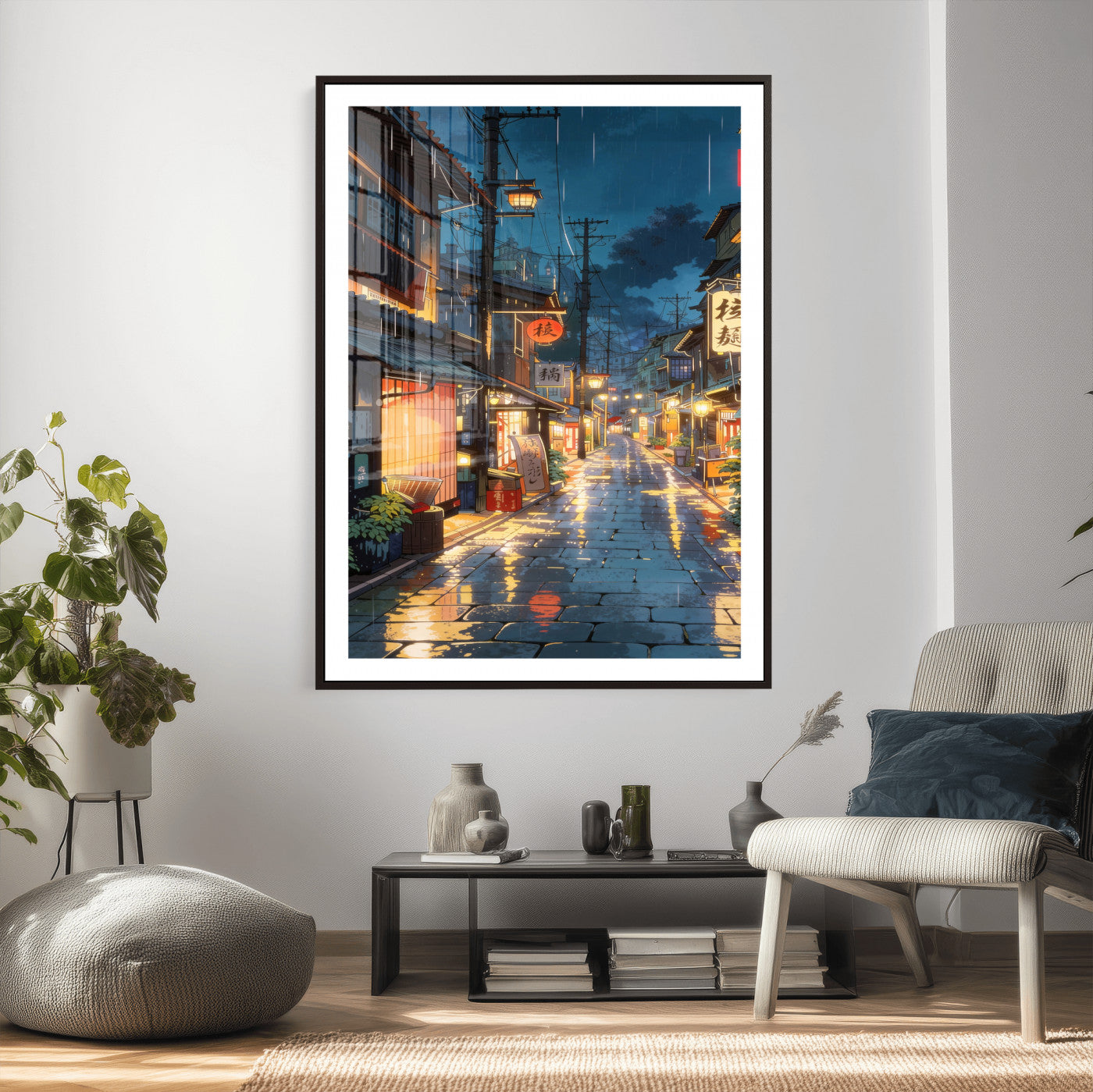 4712069J1-MGV-CV-24X36 - Tokyo Tea House Canvas Wall Art — Japan Rainy Night Street Print | Anime Style Decor | Japanese Tea House Art | Tokyo City Gift