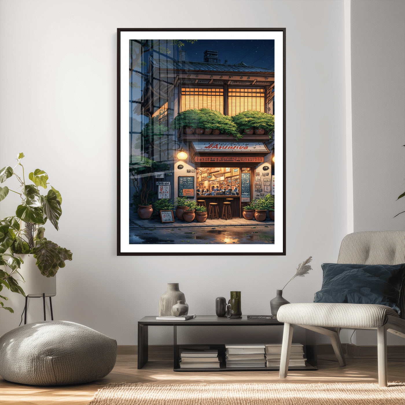 4712069TE1-MGV-CV-24X36 - Evening at the Ramen Shop Canvas Wall Art — Japan Night Anime Print | Japanese Restaurant Decor | Lofi Wall Art | Ramen Lover Gift