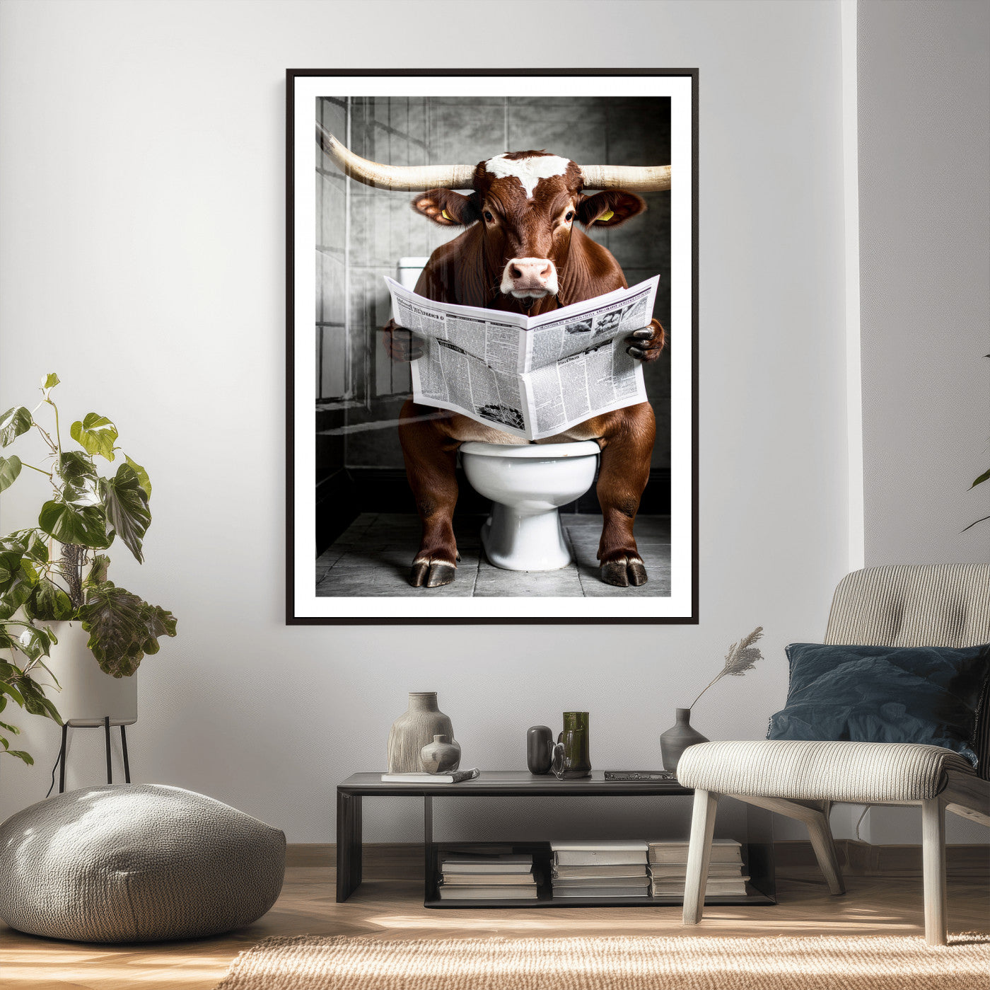 69808726-MGV-CV-24X36 - Texas Longhorn Cow Toilet Paper Canvas Wall Art, Funny Bathroom Black White Print, Cute Animal Humor Decor, Quirky Farmhouse Bathroom Art, Cow Lover Gift