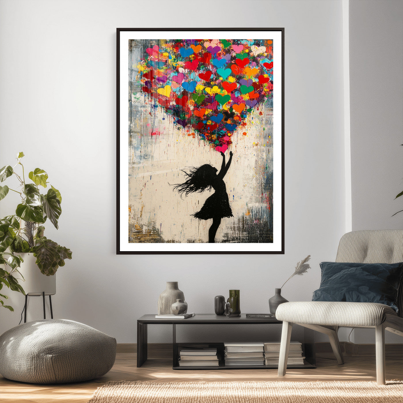 36253538-MGV-CV-24X36 - Banksy Street Art Canvas Wall Art, Girl Heart Balloons Banksy Style Print, Colorful Graffiti Love Decor, Urban Pop Art, Kids Room Inspirational Wall Art