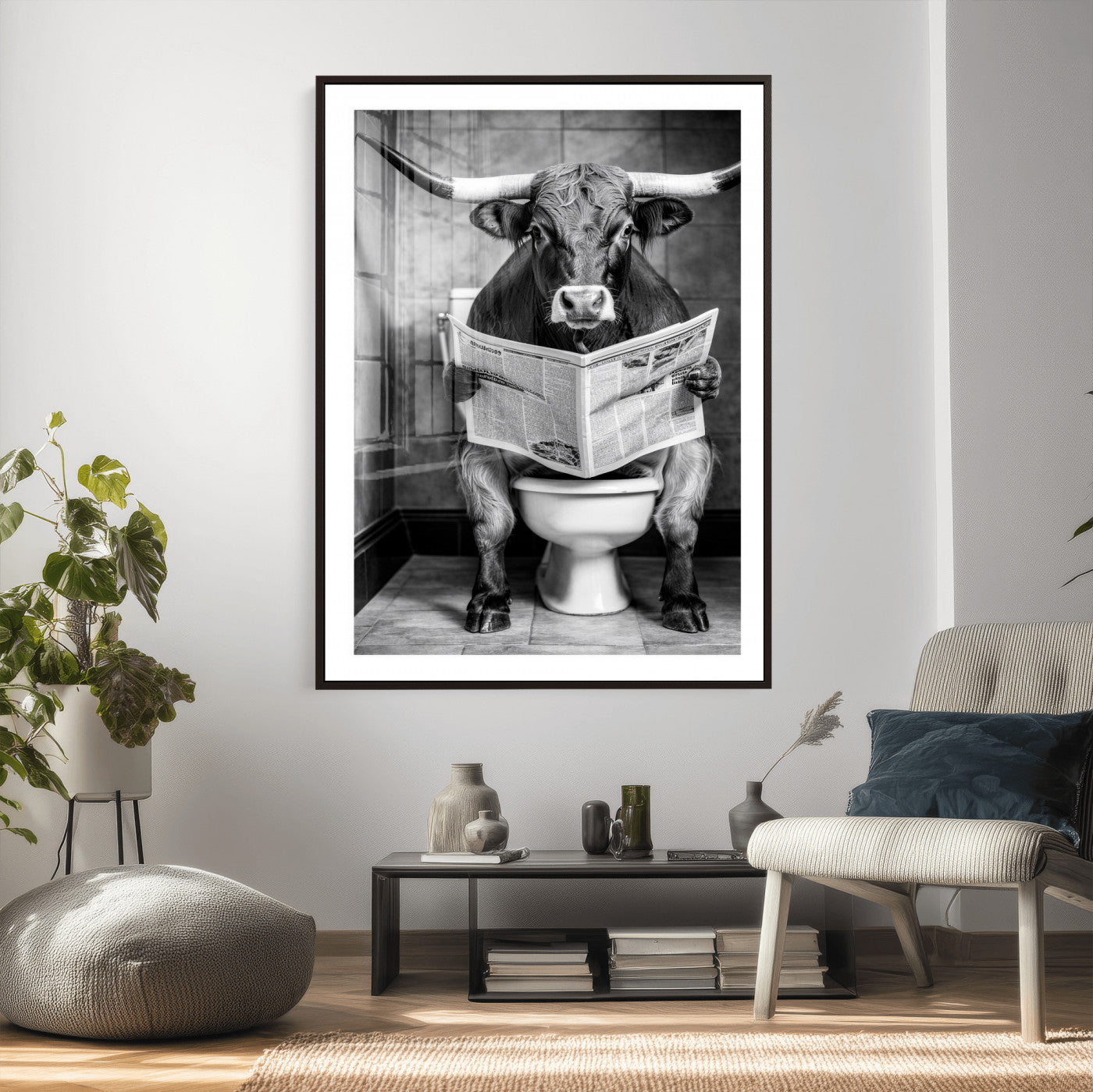77994492-MGV-CV-24X36 - Texas Longhorn Cow Toilet Paper Canvas Wall Art, Funny Bathroom Black White Print, Cute Animal Humor Decor, Quirky Farmhouse Bathroom Art, Cow Lover Gift