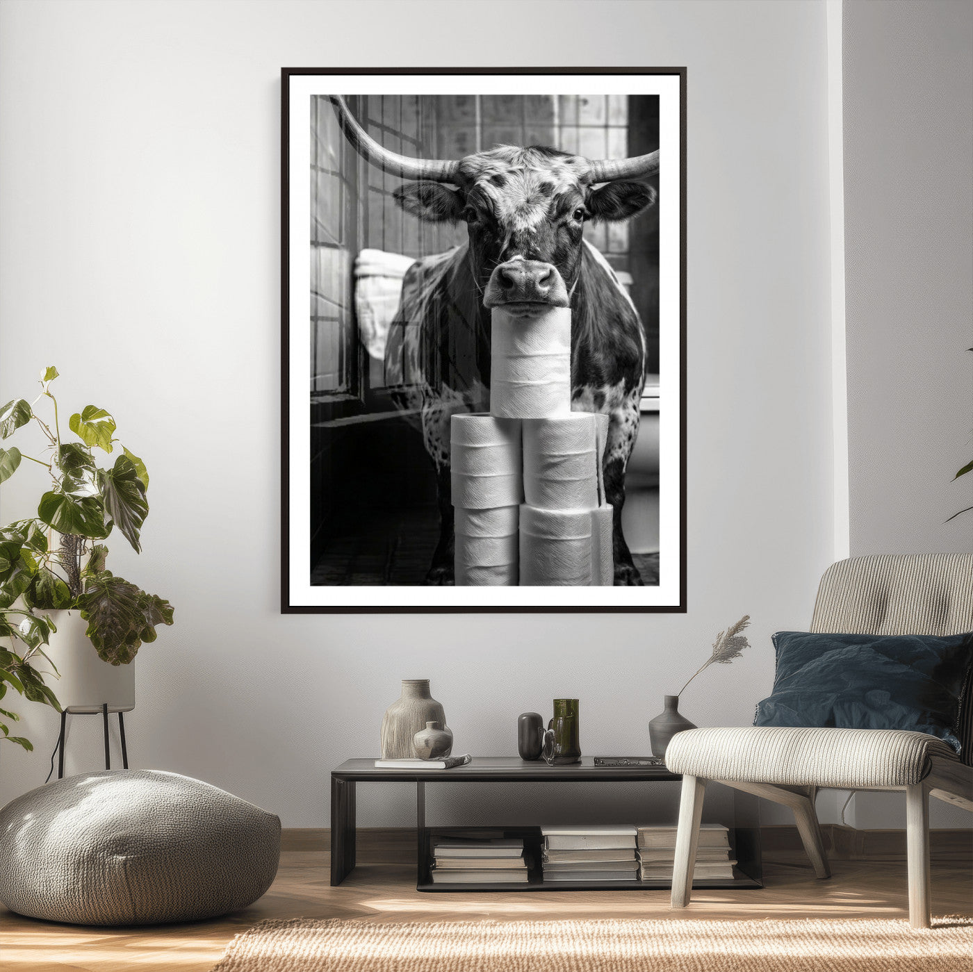 79259956-MGV-CV-24X36 - Texas Longhorn Cow Toilet Paper Canvas Wall Art, Funny Bathroom Black White Print, Cute Animal Humor Decor, Quirky Farmhouse Bathroom Art, Cow Lover Gift