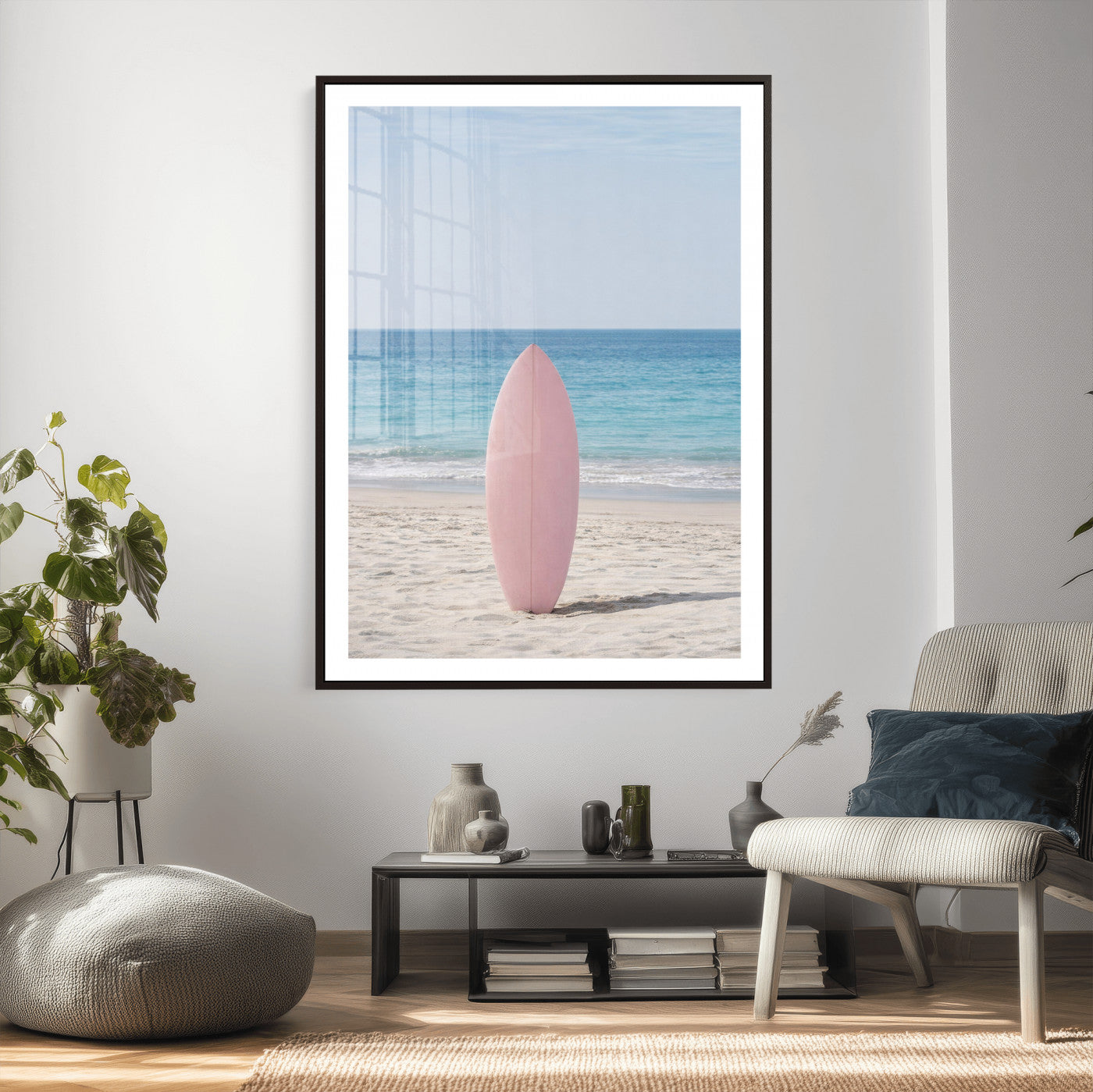 17265103-MGV-CV-24X36 - Pink Surfboard Canvas Wall Art, Minimalist Beach Photography Print, Pastel Ocean Coastal Decor, Girl Beach Room Art, Aesthetic Summer Wall Print