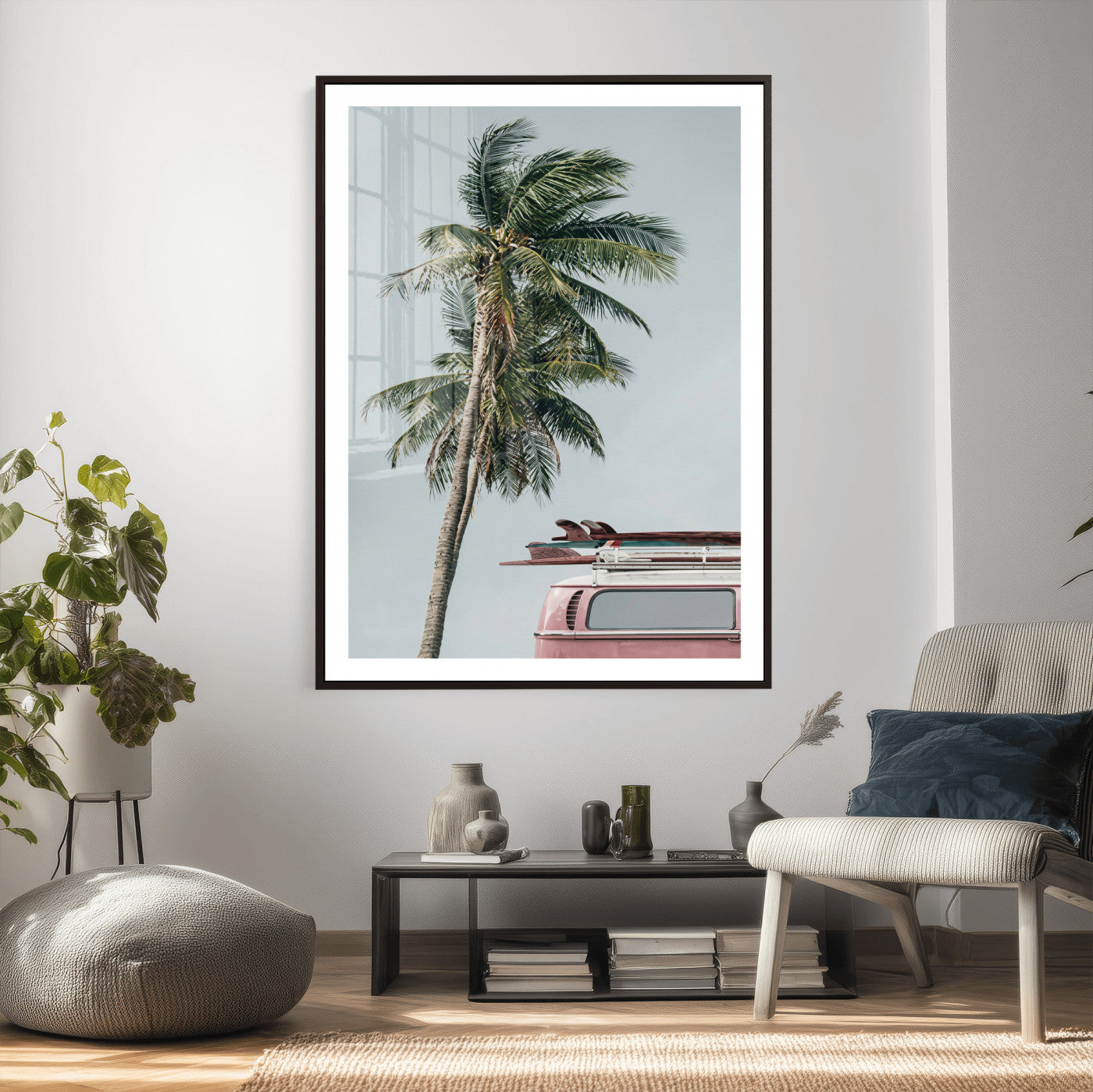 73117797-MGV-CV-24X36 - VW Van Palm Tree Canvas Wall Art, Pink Camper Surfboards Beach Print, Retro Surf Photography Decor, Coastal Boho Wall Art, Surfer Gift Idea